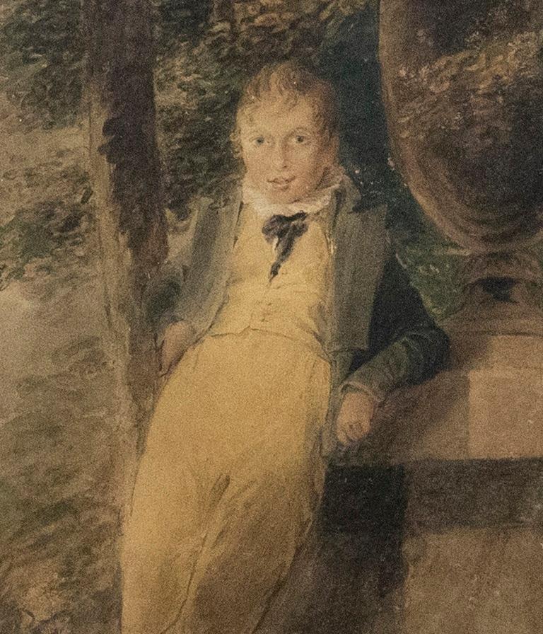 English School Early 19th Century Watercolour - Boy Leaning Against Urn - Art by Unknown