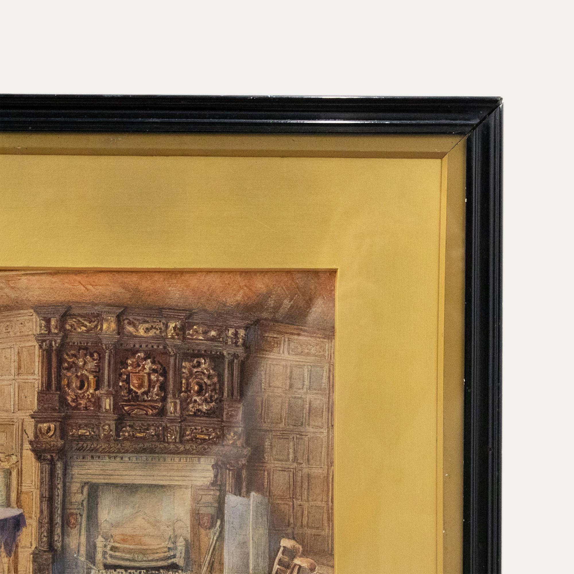 A particularly fine watercolour study of the Mayor's Parlour at Leicester Guildhall. The craftsmanship and carpentry of the interior instantly grabs your attention, testament to the artist's consideration to detail and fine brushwork. Indistinctly