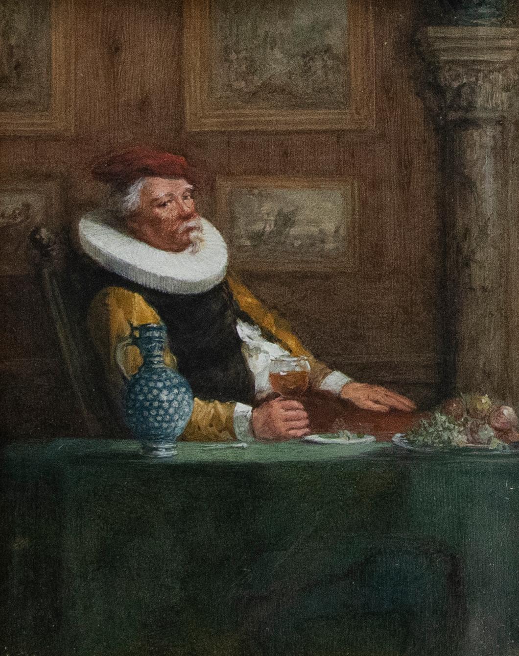 A delightful watercolour study depicting a 16th century gentleman seated at a grand table in an interior. The artist has heightened areas of the painting with body colour. Unsigned. Presented in a modern gilt frame. On paper.