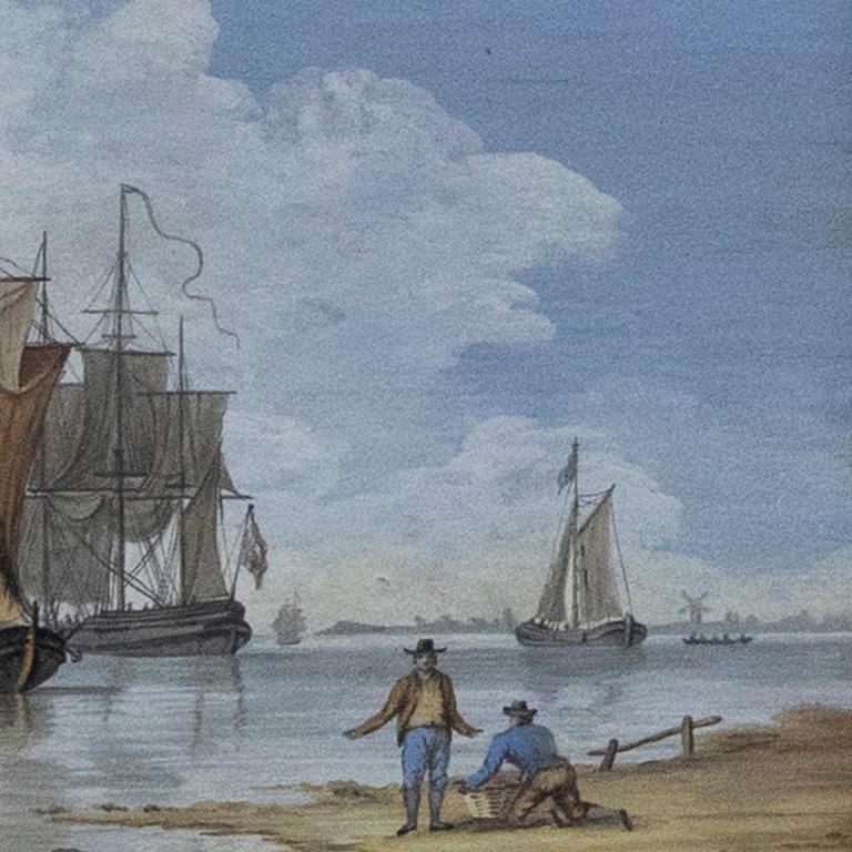 A charming Dutch coastal scene depicting two fishermen with a basket of waiting of the shoreline. To the distance windmills of Dutch towns can be scene on the the skyline. Unsigned. Presented in an ornate gilt frame with a gilt slip. On paper laid
