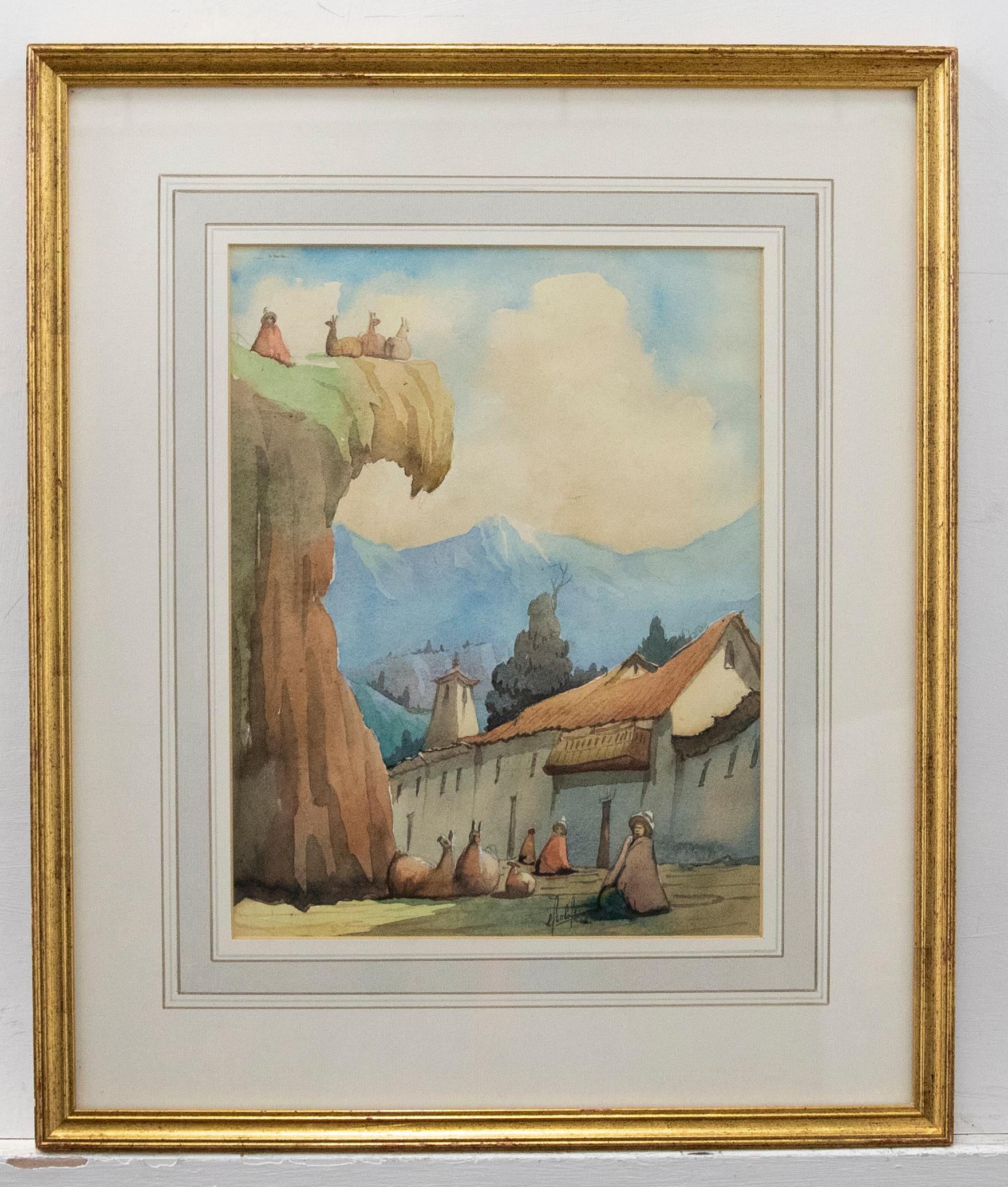 Unknown Landscape Art - 1985 Watercolour - Llama on the Cliffside