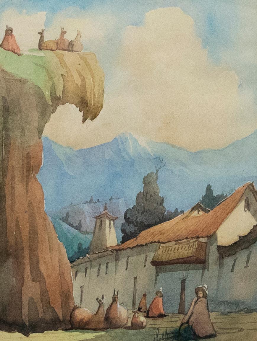 1985 Watercolour - Llama on the Cliffside - Art by Unknown