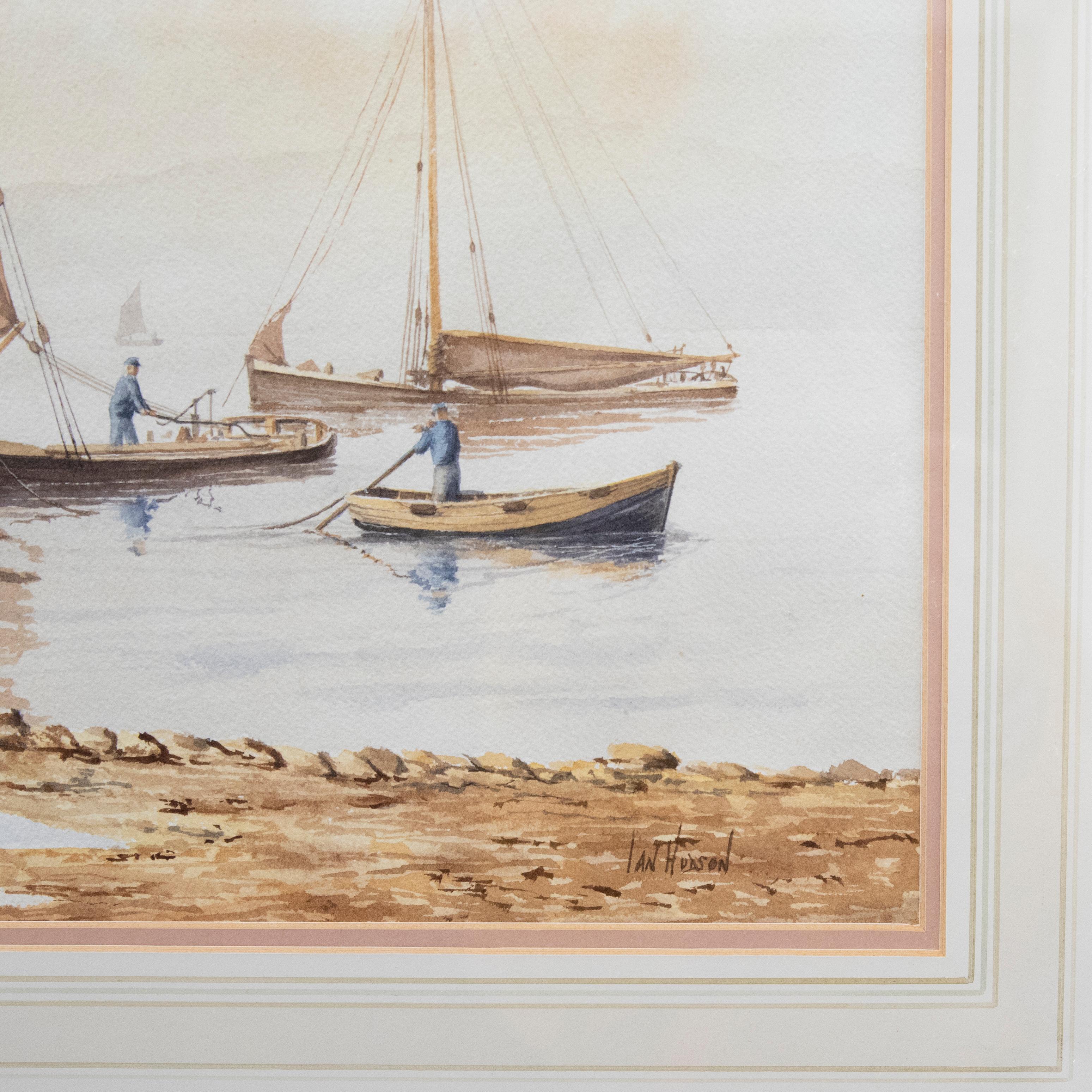 Eine charmante Aquarellstudie, die einen Fischer darstellt, der einem kleinen Jungen zeigt, wie er mit seinem Boot aufs Meer hinausfährt. Am unteren Rand signiert und betitelt. Präsentiert in einem vergoldeten Rahmen und einem Washline-Passepartout.