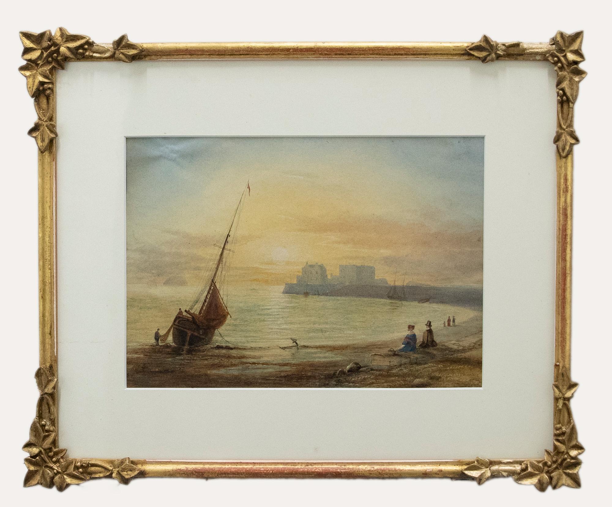 Unknown Figurative Art – Follower of Copley Fielding - Aquarell des 19. Jahrhunderts, Küsten-Sonnenuntergang