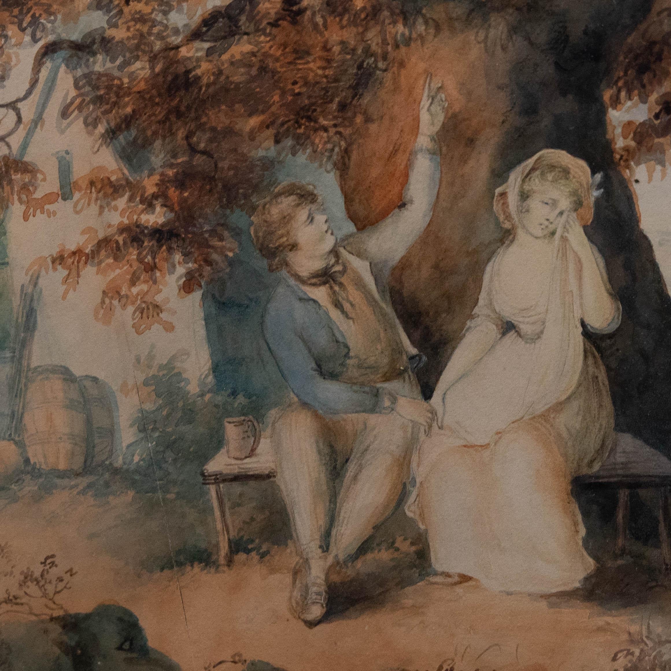 A charming watercolour in the manner of Francis Wheatley depicting a courting couple sat beneath a tree. The pair appear to be in the midst of an argument with the woman wiping tears and the man trying to distract her. Unsigned. Presented in a gilt