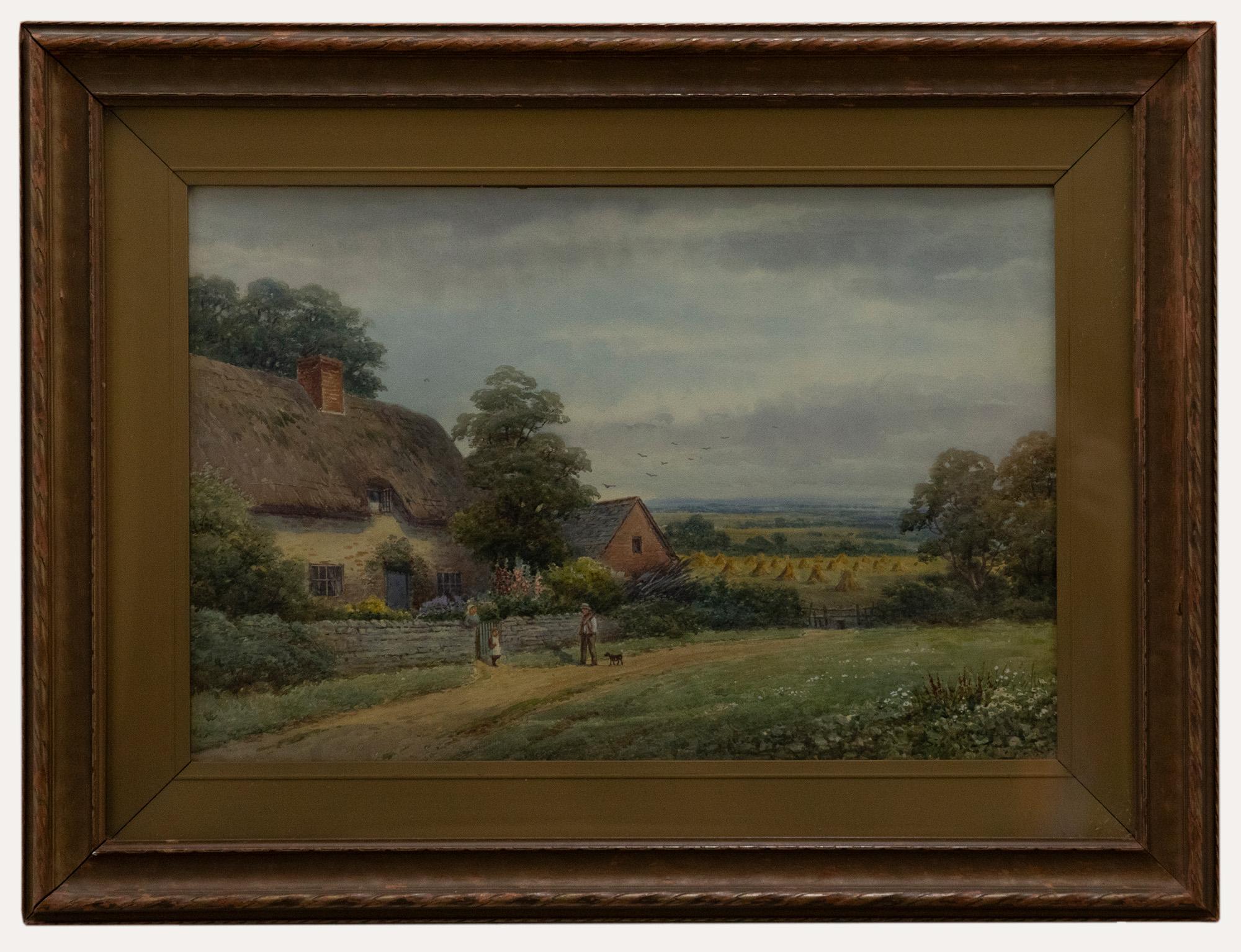Unknown Landscape Art – Harold Lawes (1865-1940) – gerahmtes Aquarell des frühen 20. Jahrhunderts, Abendessen am Ende des Tages
