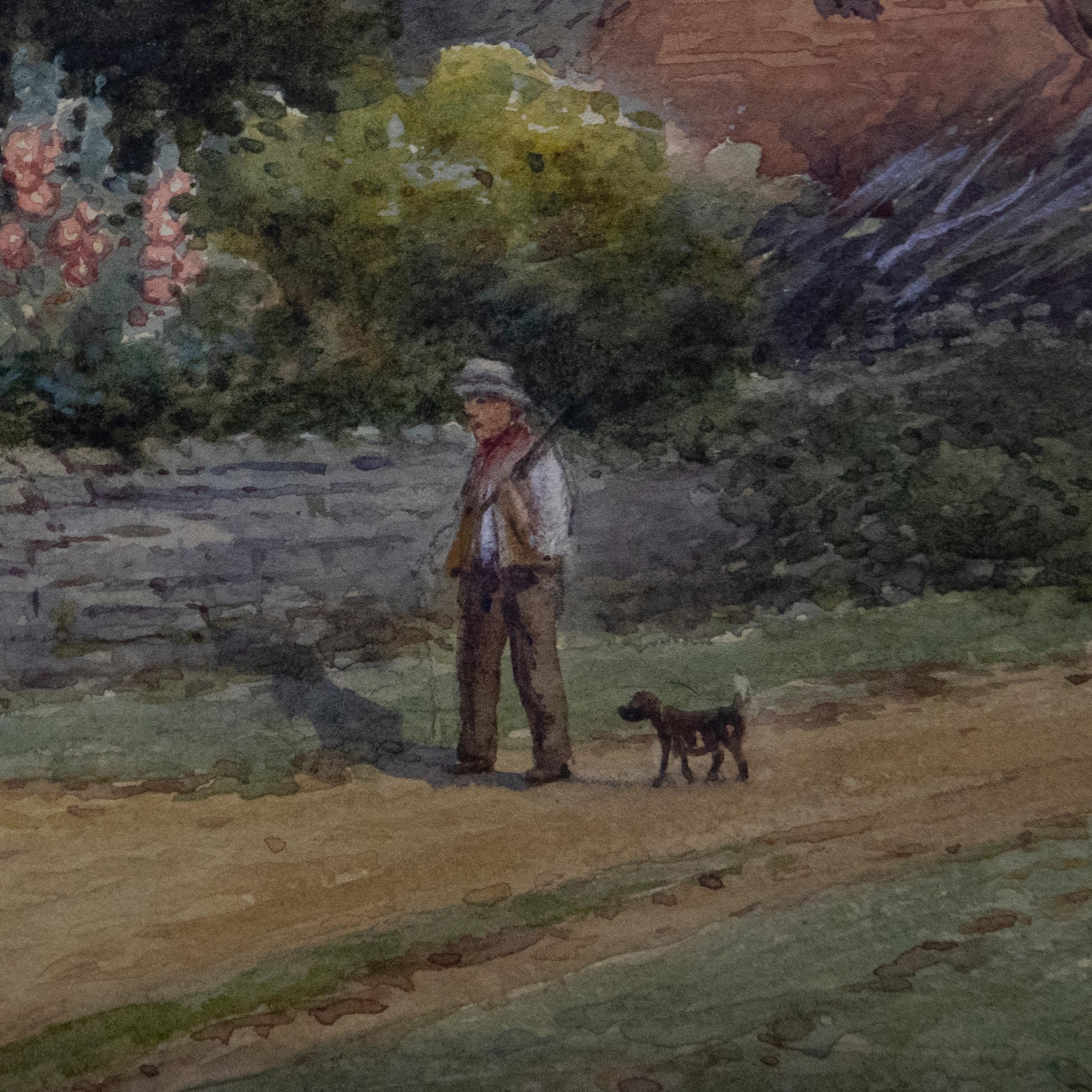 This delightful watercolour captures a farming family greeting each other at the farmhouse gate. A young girl can be seen eagerly awaiting the return of her father after a long day in the field. Stooks of hay can be seen to the distance, adjacent to