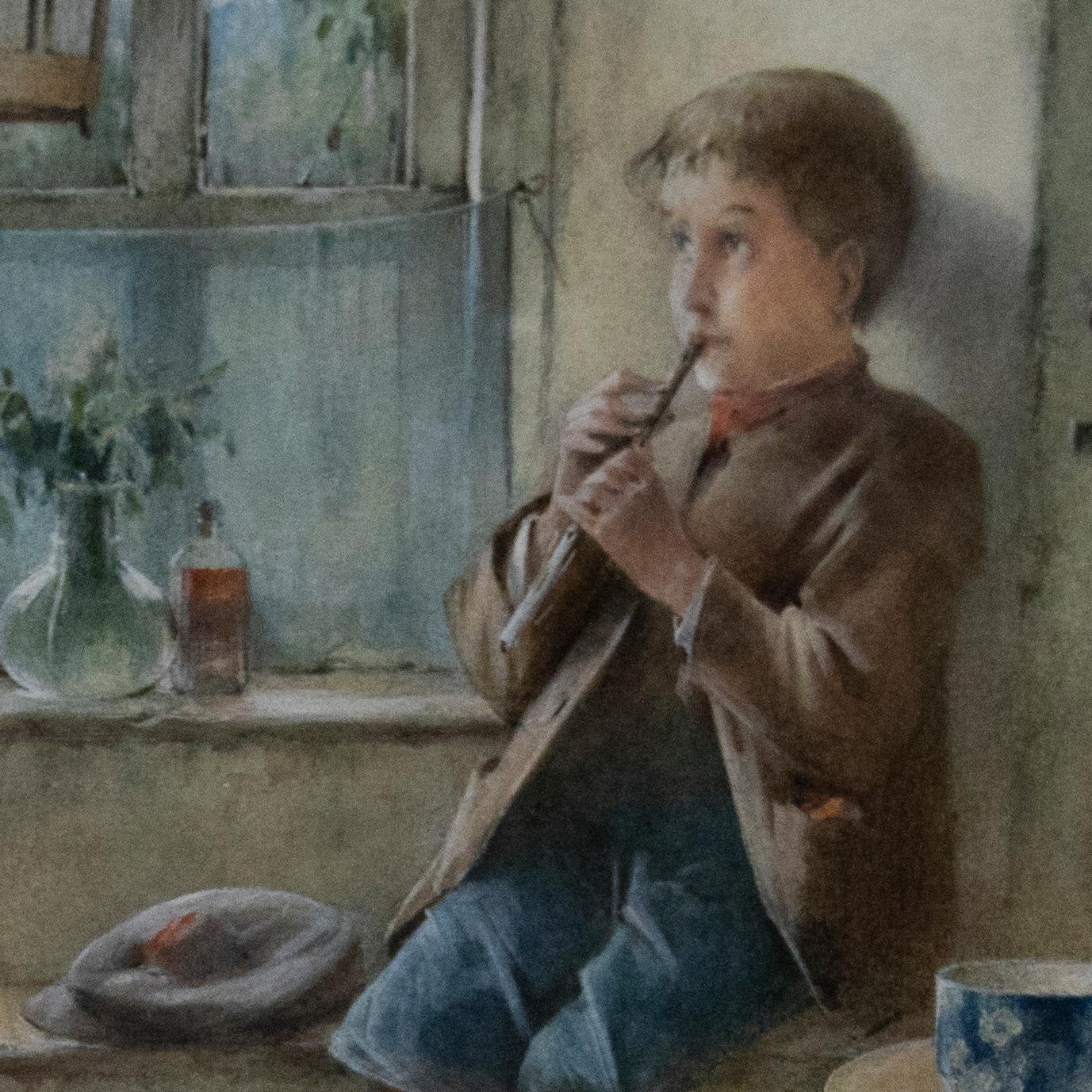 Dieses entzückende Aquarell von Henry Benjamin Roberts RBA (1832-1915) zeigt einen kleinen Jungen, der mit seinem Penny spielt, während ein Kanarienvogel singt. Holzmöbel, ein großer Schlüssel und Glaswaren vervollständigen die Einrichtung, die von