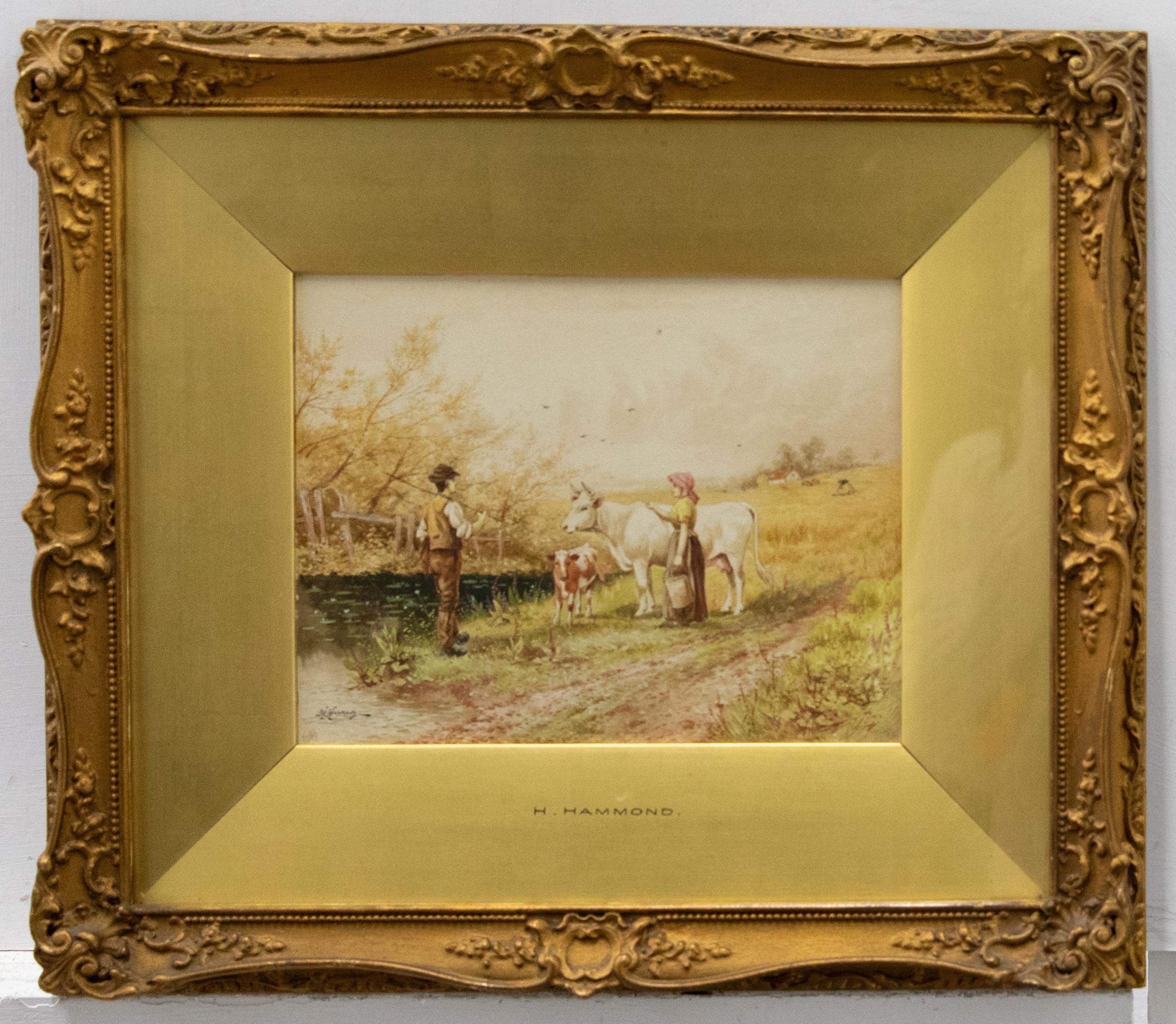 Unknown Landscape Art – Horace Hammond (1842-1926) - Gerahmtes Aquarell, Figuren im Passen
