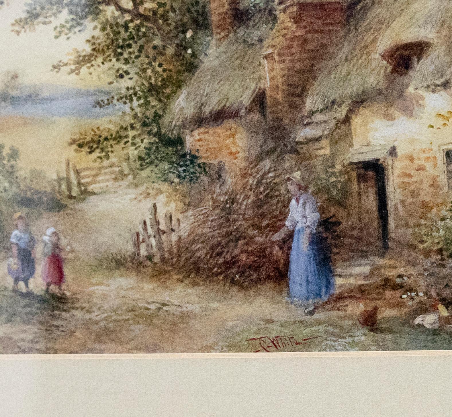 A charming watercolour scene depicting two young girls bringing a basket of flowers back to their mother. They walk the path to a thatched cottage surrounded by idyllic British countryside. On paper.