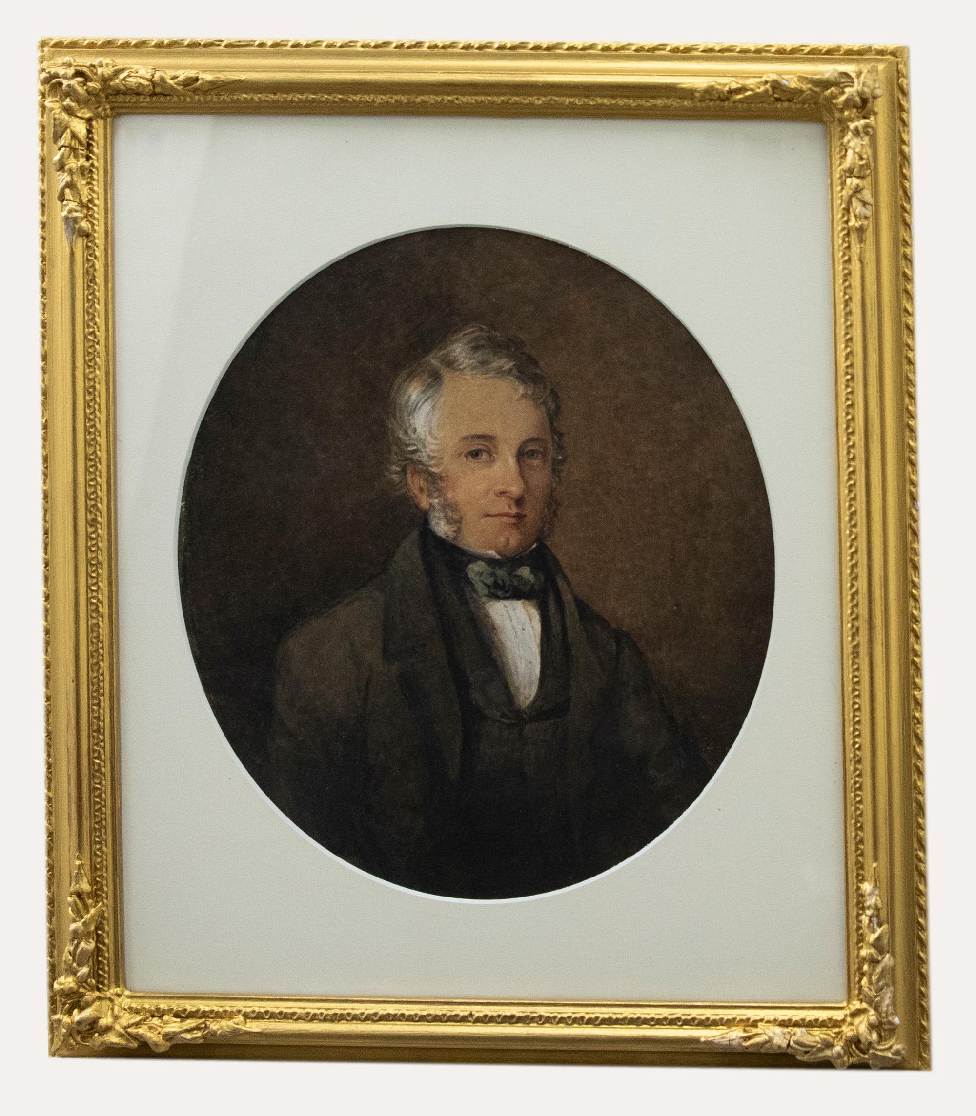 Unknown Portrait - English School 19th Century Watercolour - Gentleman in a Bow Tie