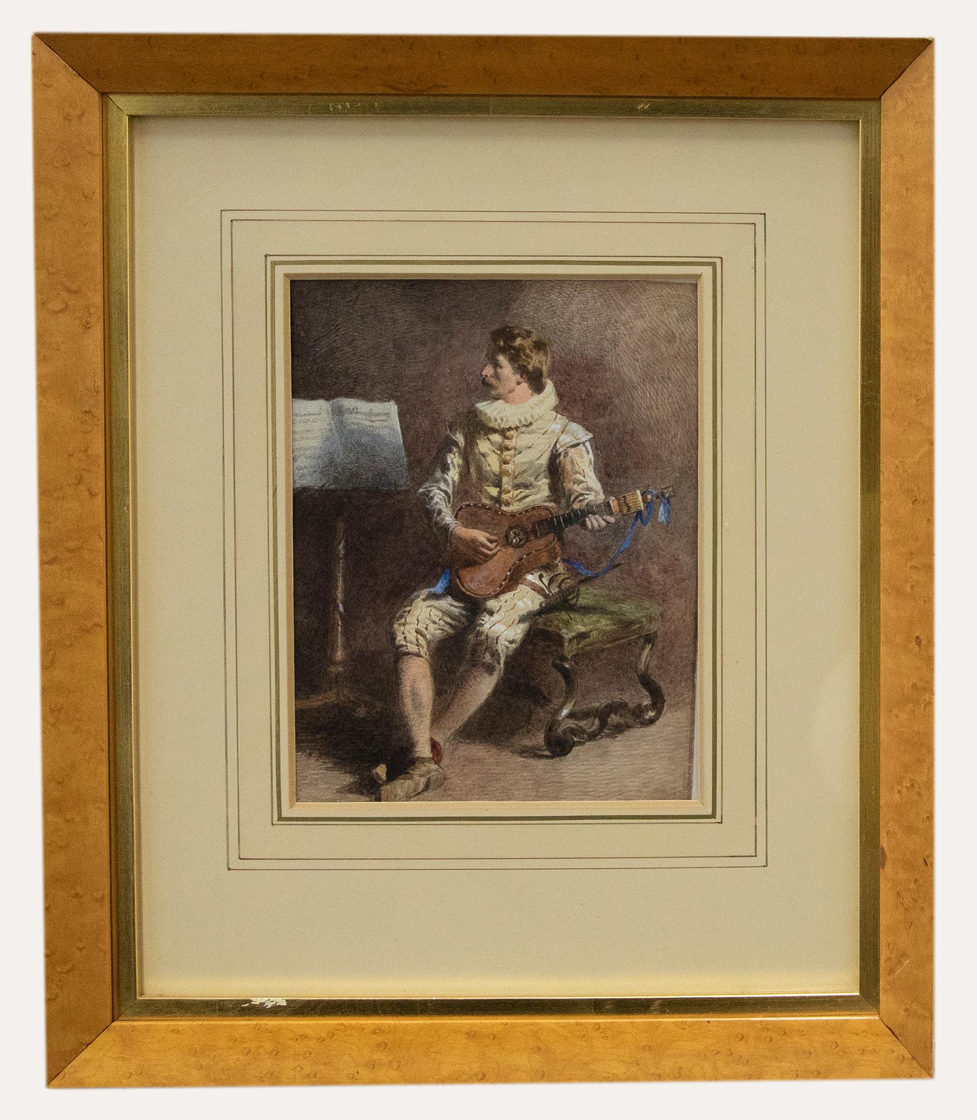 Unknown Figurative Art - Framed 19th Century Watercolour - The Guitar Player