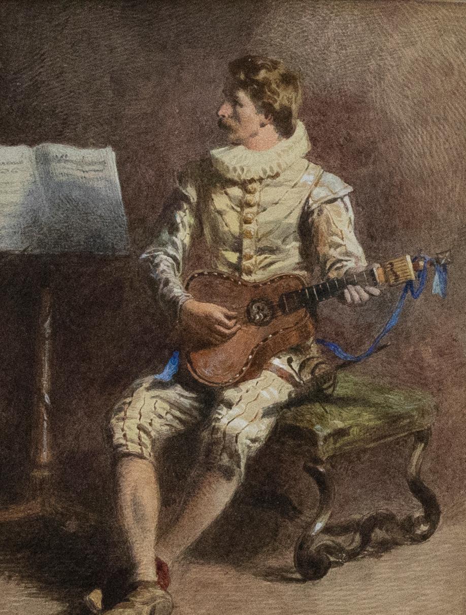 Framed 19th Century Watercolour - The Guitar Player - Art by Unknown