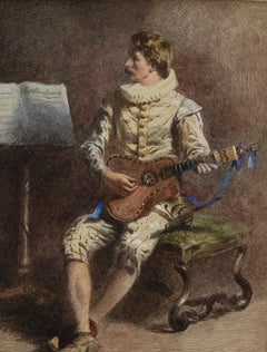 Framed 19th Century Watercolour - The Guitar Player