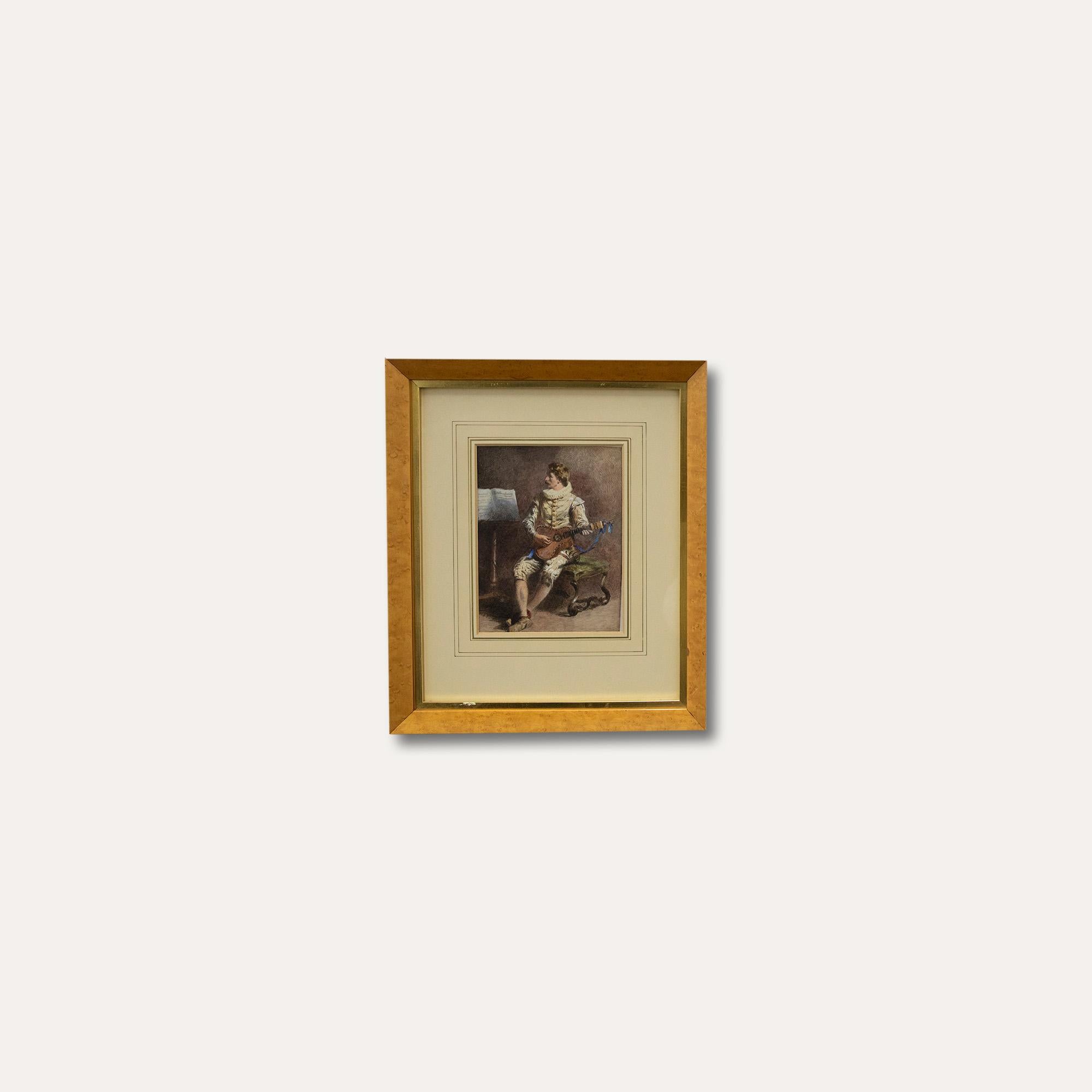 Framed 19th Century Watercolour - The Guitar Player For Sale 1