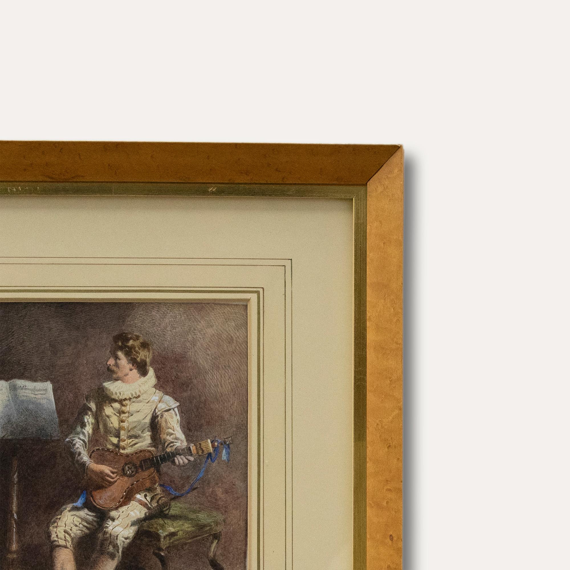 A fine 19th century watercolour depicting a musician playing the guitar. The male figure sits on a beautiful carved stool, reading music from a wooden stand to his right. Unsigned. The watercolour has been well-presented in an elegant bird's eye