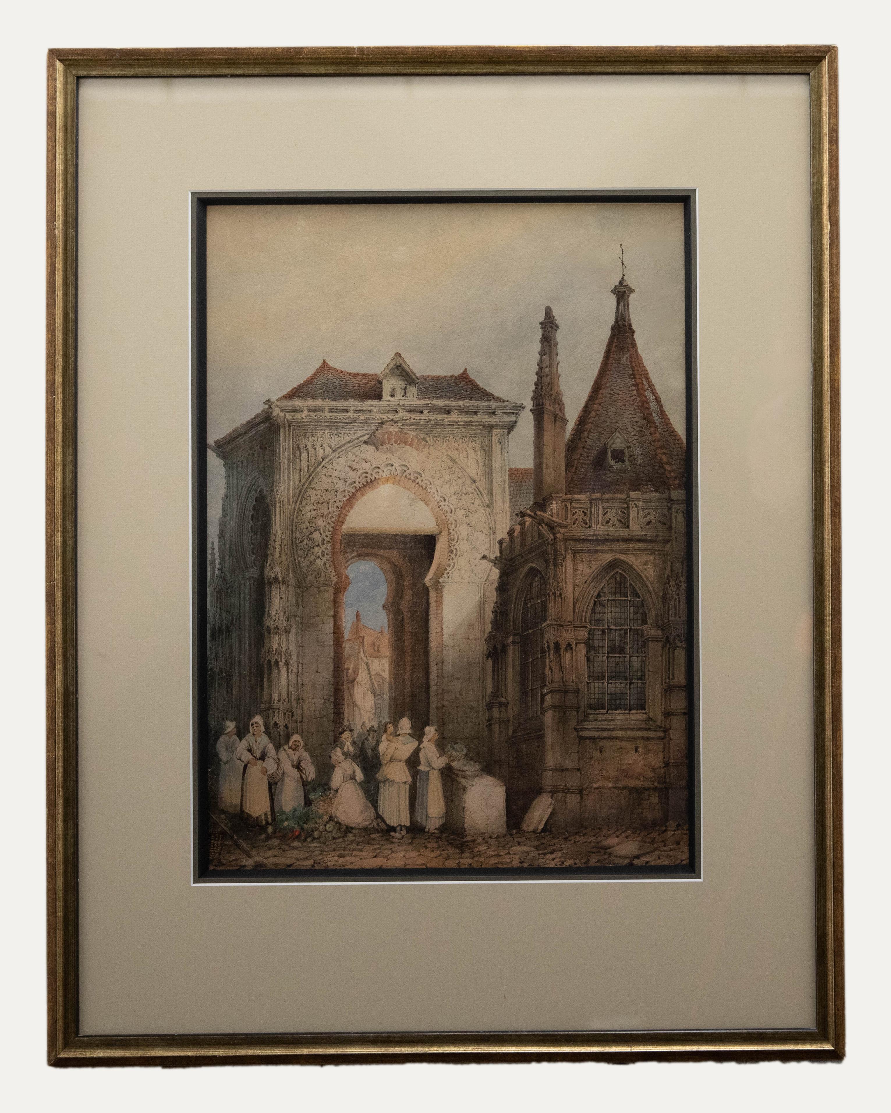 Unknown Landscape Art - Charles Rousse (fl.1871-1892) - Watercolour, Figures Beside a Moorish Archway