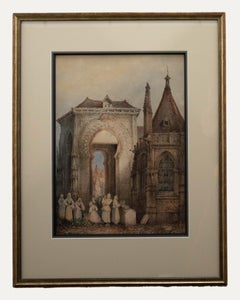 Charles Rousse (fl.1871-1892) - Aquarelle, figures à côté d'une arche mauresque