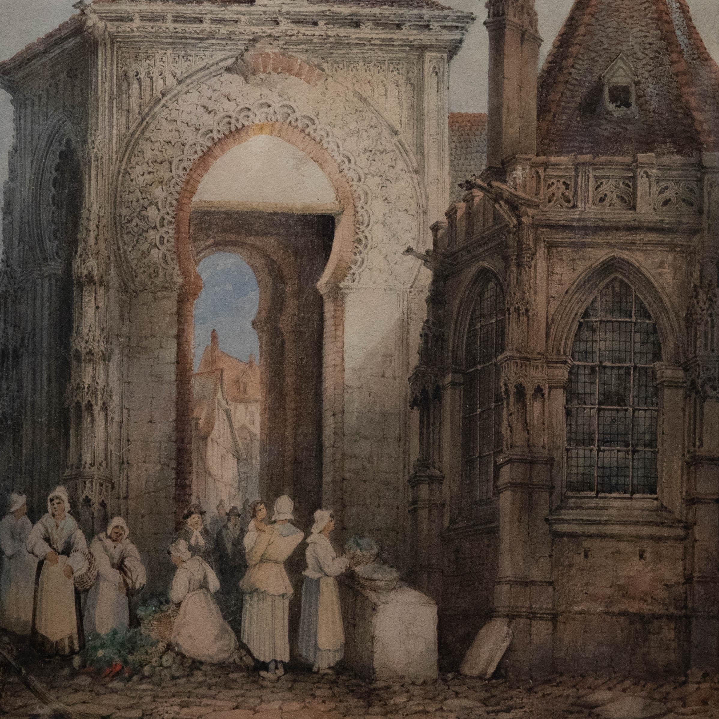 Dieses schöne Aquarell des britischen Künstlers Charles Rousse (fl. 1871-1892) zeigt eine französische Straßenszene mit traditionell gekleideten Figuren, die neben einem maurischen Torbogen stehen. Die Komposition wurde vom Künstler rechts unten