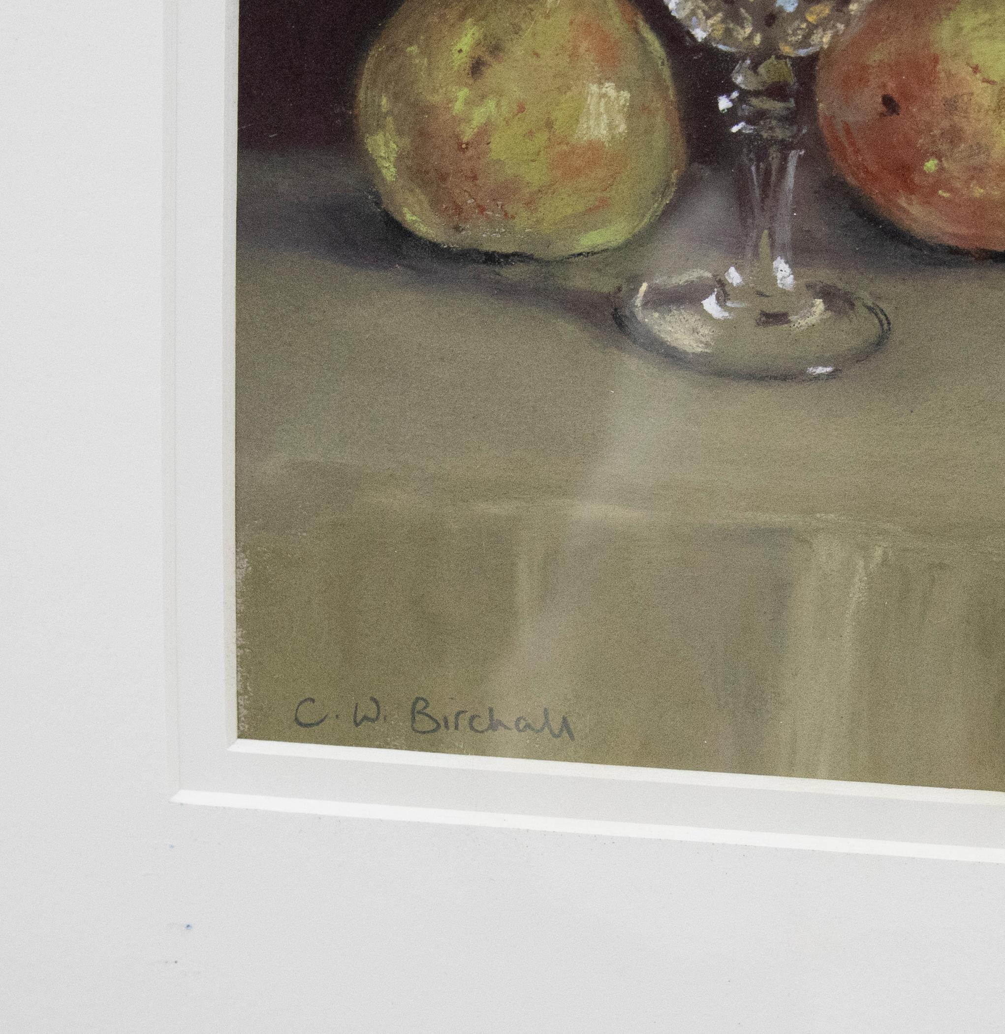 A delightful pastel study depicting two pears and a glass of Chablis. Signed in graphite to the lower left. Presented in a gilt frame and double card mount. On paper.