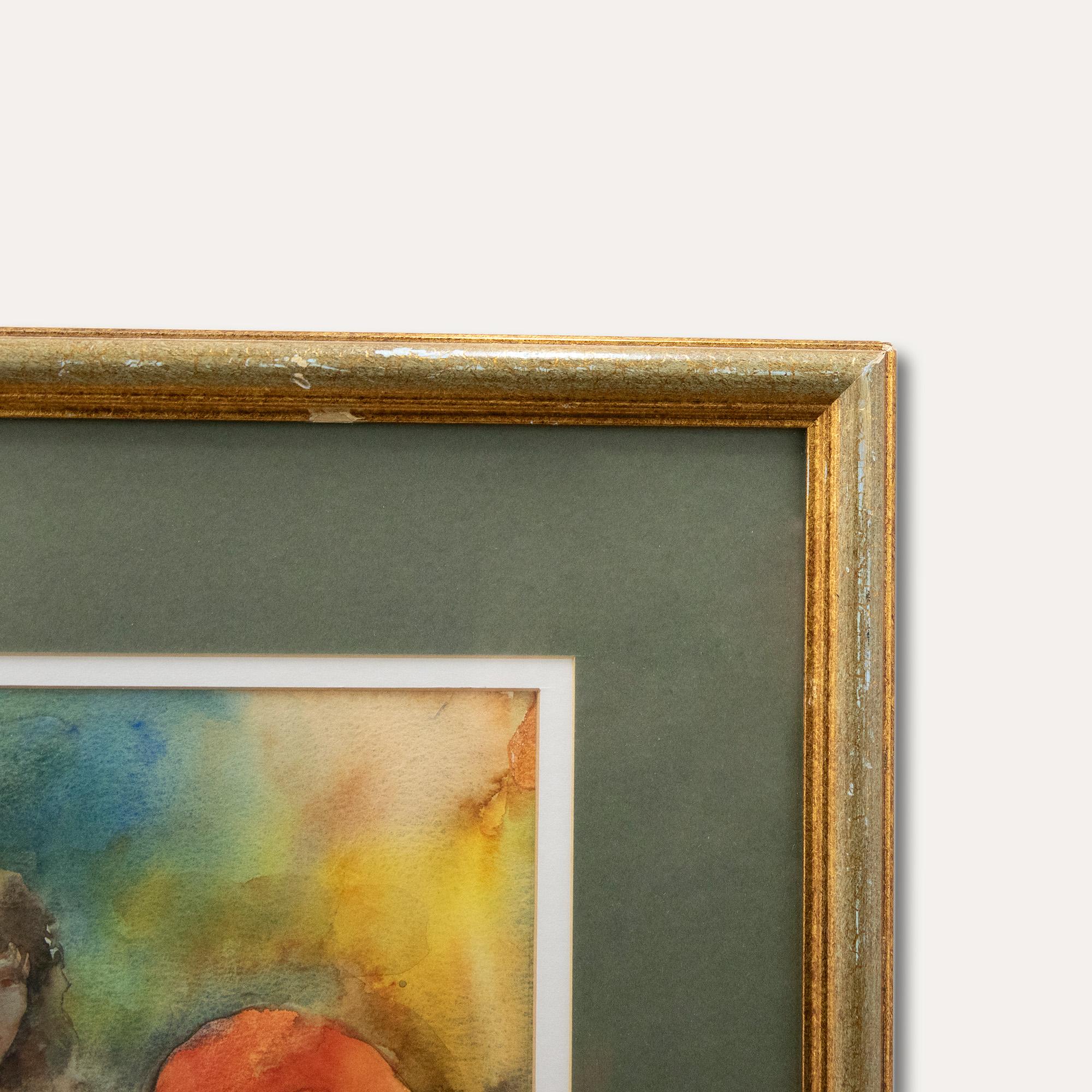 Eine charmante Aquarellstudie, die ein sitzendes Lebensmodell mit einem großen roten Hut zeigt. Signiert unten links. Präsentiert in einem rustikalen vergoldeten Rahmen und doppeltem Passepartout. Auf dem Papier.