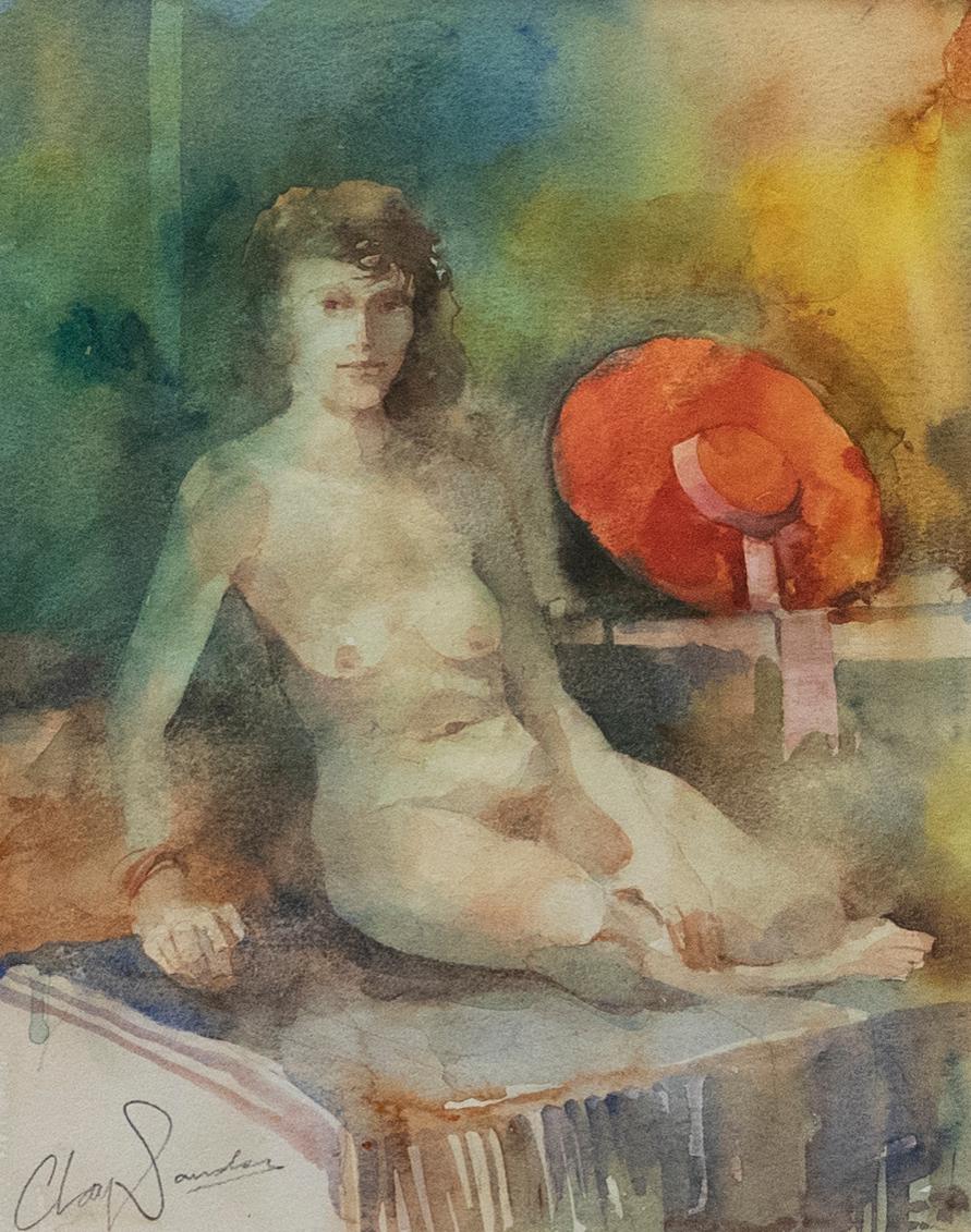 A charming watercolour study depicting a seated life model posing with a large red hat. Signed to the lower left. presented in a rustic gilt frame and double card mount. On paper.