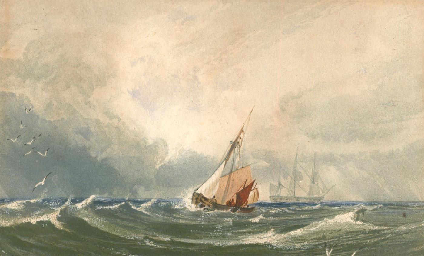 A charming watercolour scene depicting ships two ships out at sea in the middle of a storm. Signed verso. On paper.