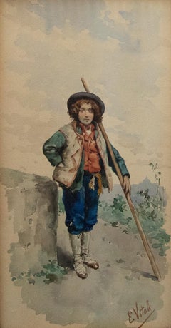 Eduard Vitali - Aquarell aus dem 19. Jahrhundert, Italienischer Schäferhundjunge