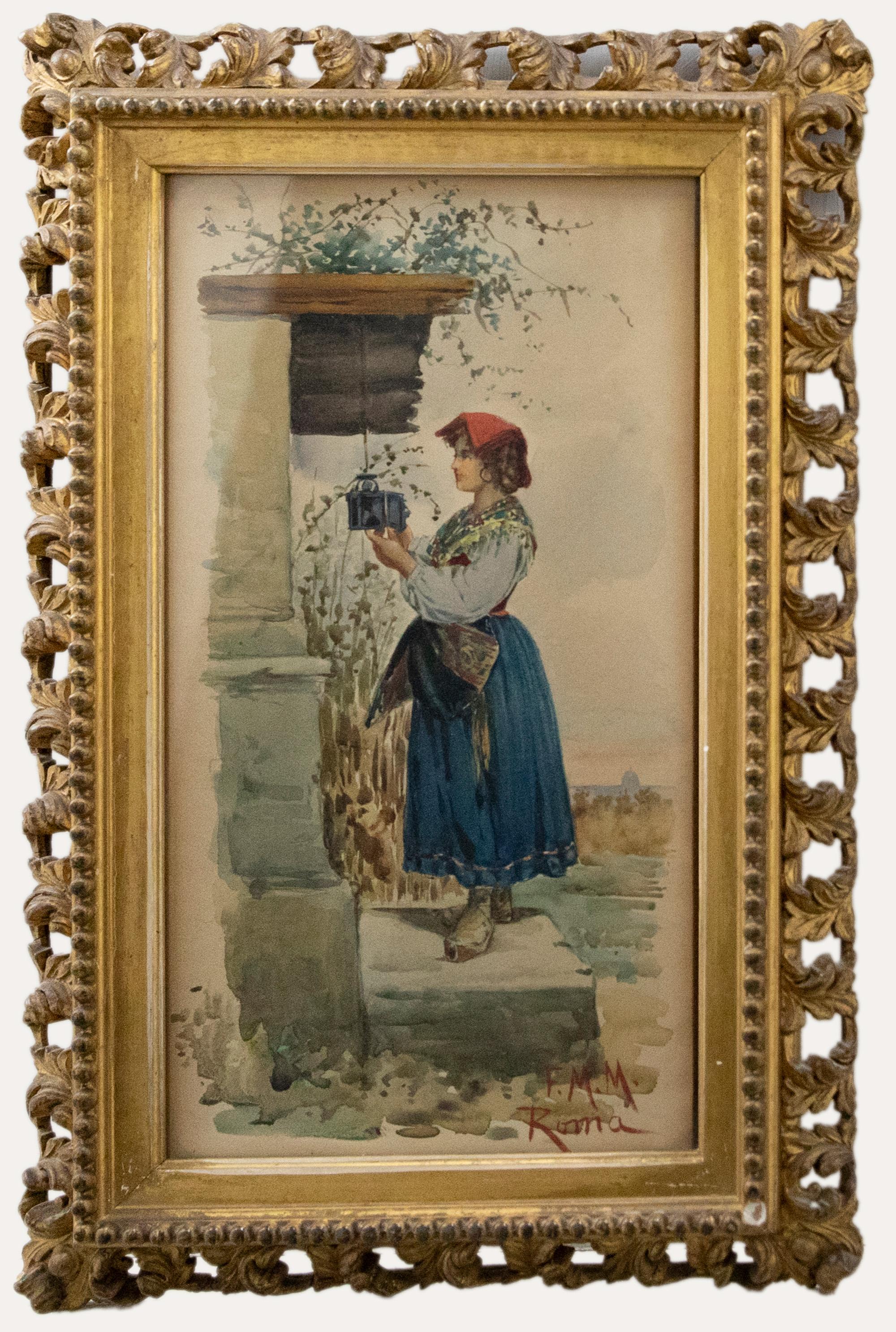 A charming study of an Italian woman replacing the oil lamp outside of her home. She wears traditional, brightly coloured clothing with a red headpiece. Signed with initials and inscribed 'Roma' to the lower right. Well presented in a pierced gilt