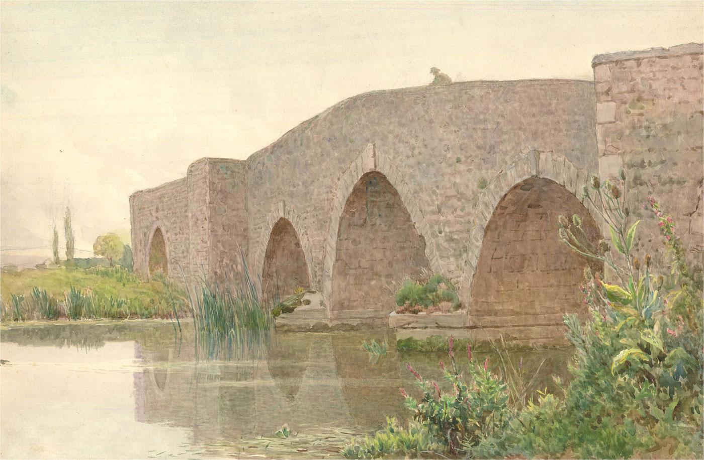 Unknown Landscape Art – Walter Fryer Stocks (1842-1915) - Aquarell des späten 19. Jahrhunderts, Culham Bridge