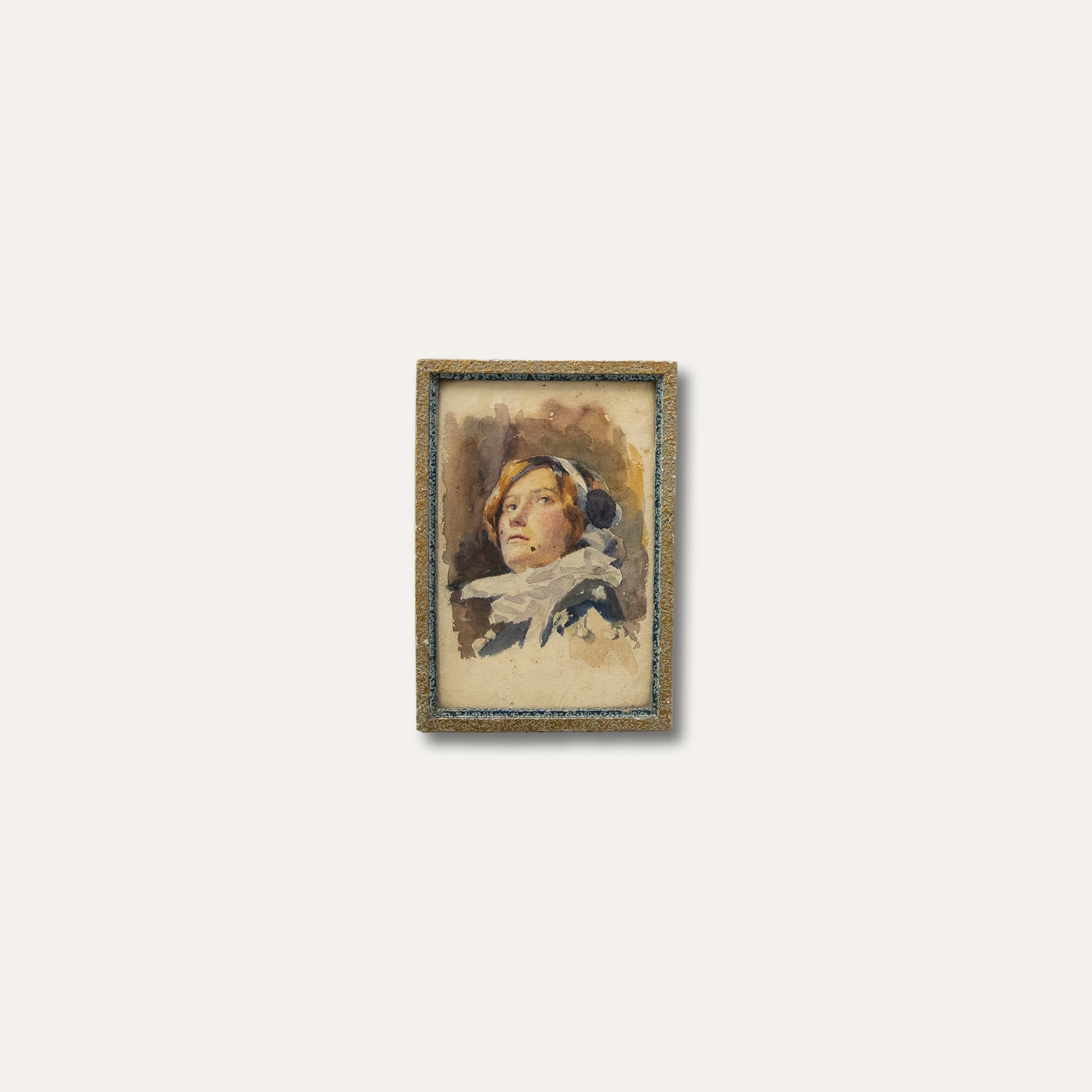 A charismatic watercolour portrait of an actress in costume. Presented in a fine gilt-effect frame with the artist name inscribed to the reverse. On paper.