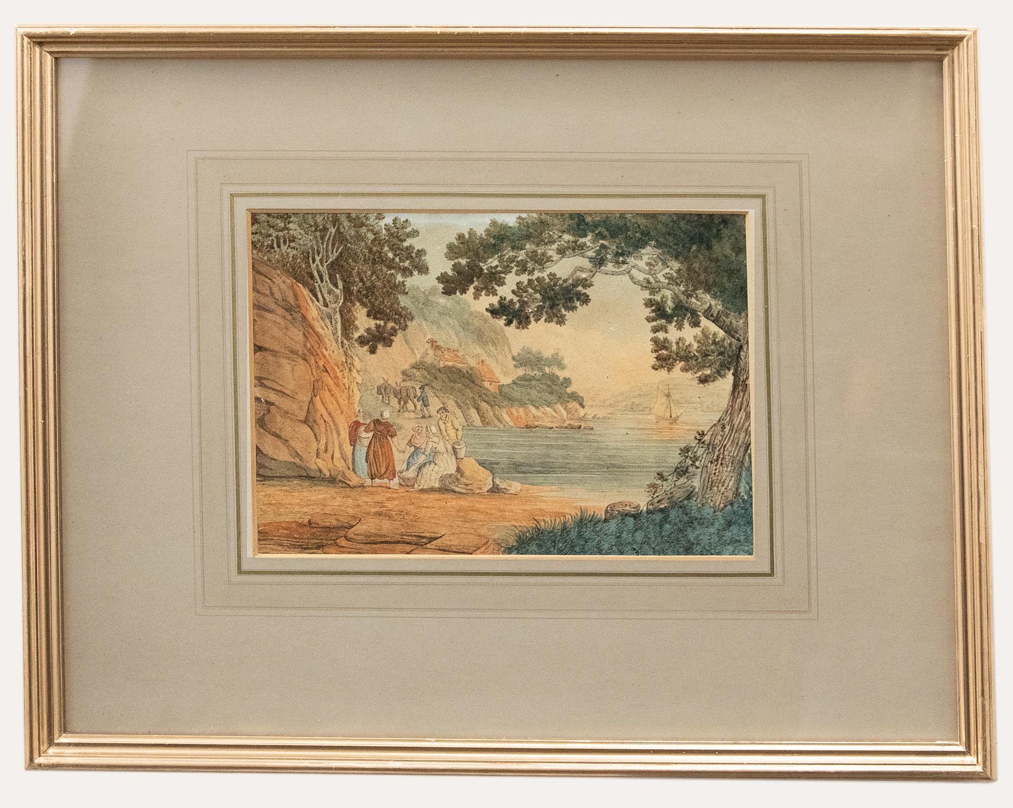 This delightful watercolour, aattributed to the British artist William Payne (1760-1830) depicts an idyllic stretch of English coastline with figures washing laundry by the water's edge. The watercolour has been presented in an attractive