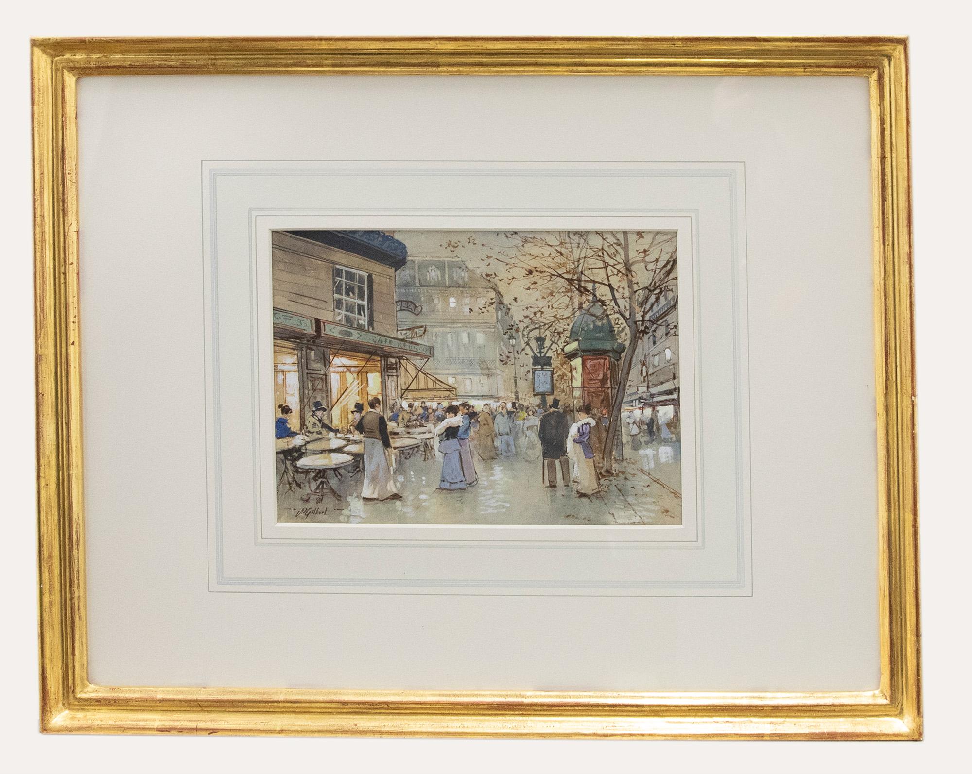 A delightful watercolour study of a Parisian boulevard filled with people in the glow of cafe and restaurant lights. Signed to the lower right. Presented in a gilt frame and washline mount! On paper.