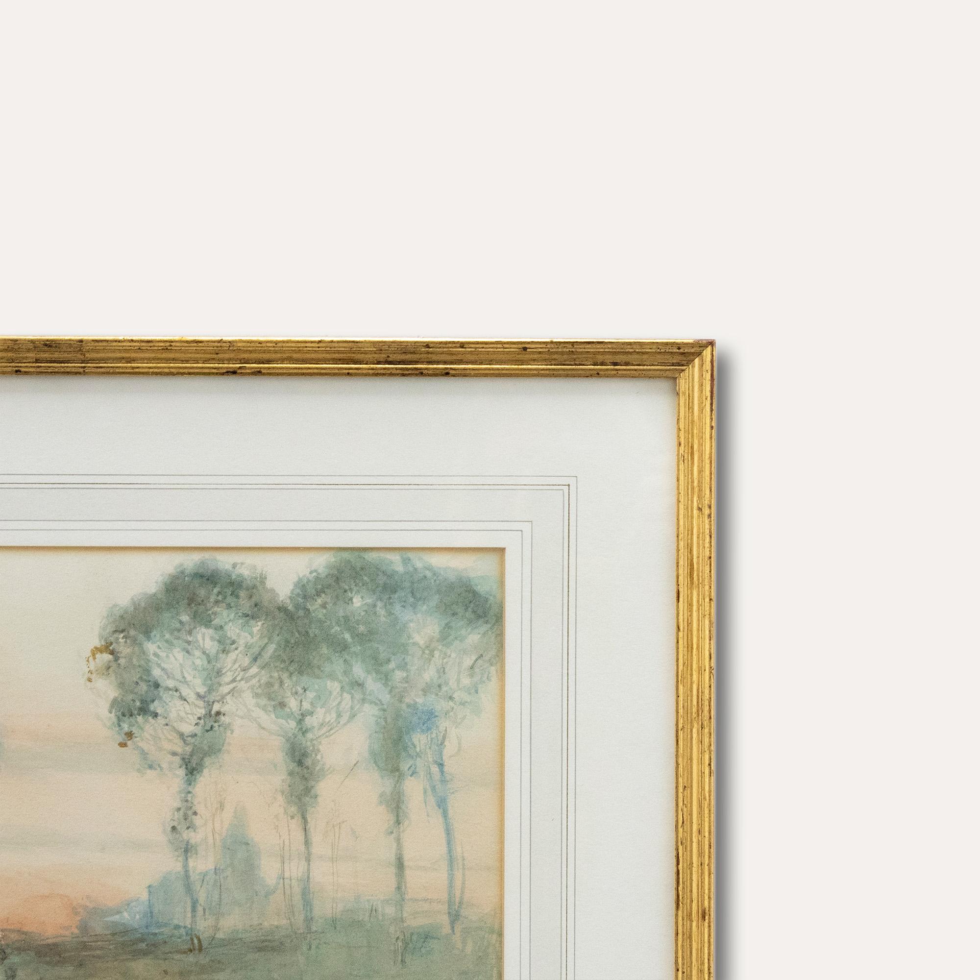 A charming watercolour study by listed artist Victor Noble Rainbird. The scene depicts a woman fetching water from a river with the red sky of dawn rising from the horizon. Signed to the lower left. Presented in a gilt frame and washline mount. On