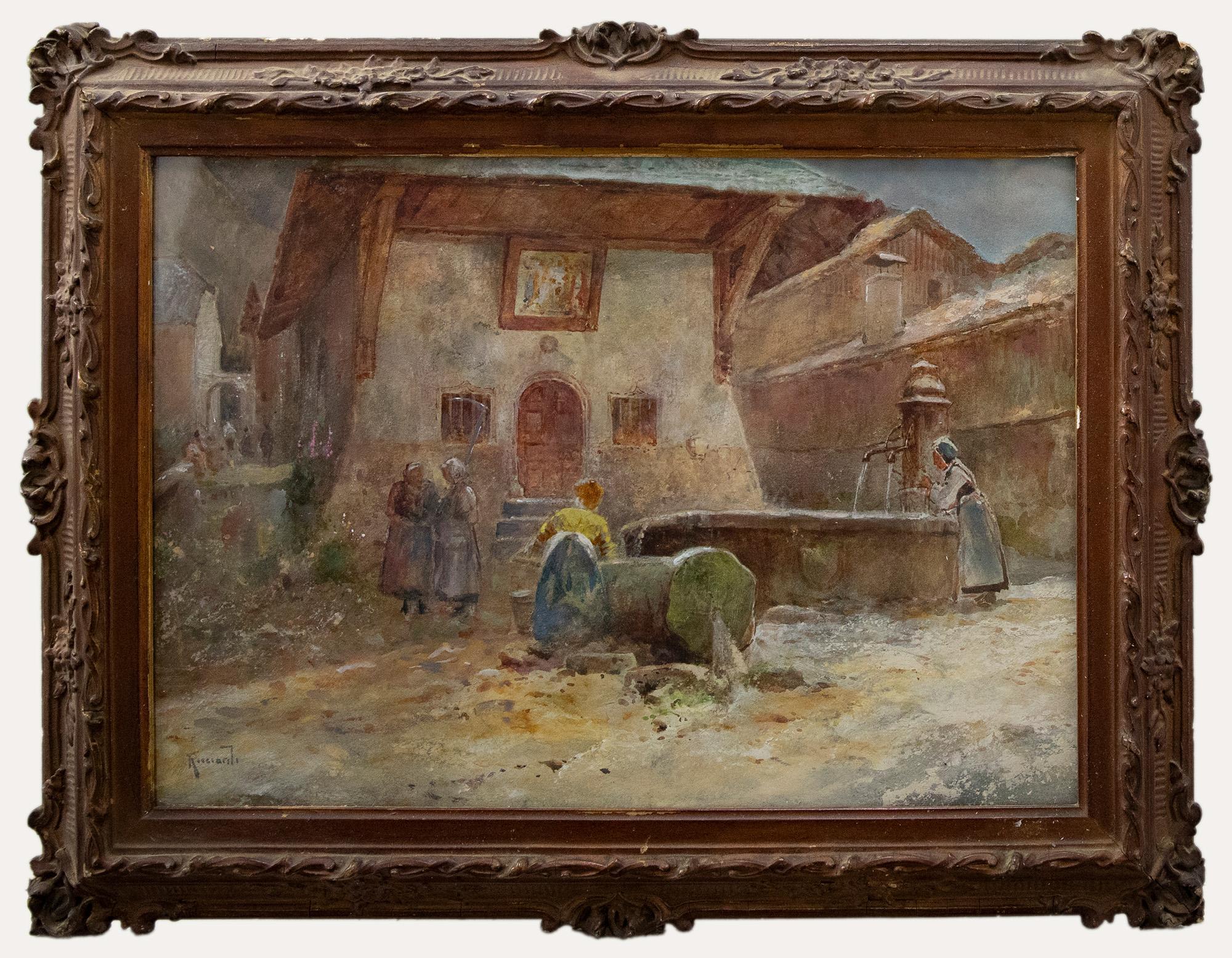 A fine watercolour by well listed artist Oscar Ricciardi. The scene depicts figures gathering at a village fountain on a continental street. Women pump water into pails and converse before half timbered buildings. Signed to the lower right.