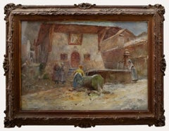 Oscar Ricciardi (1864-1935) -Watercolour, Fountain in the Village Square 9
