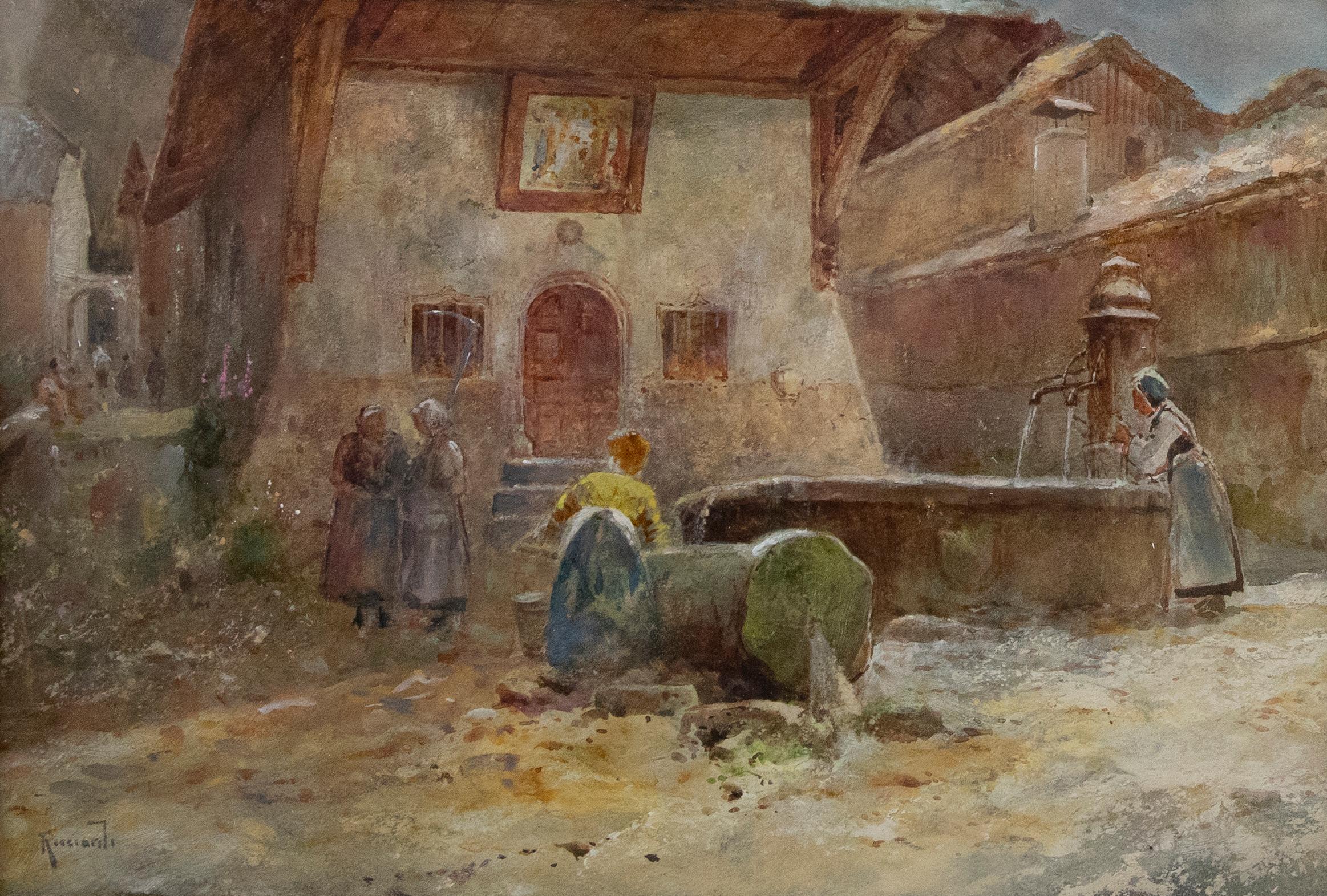 Oscar Ricciardi (1864-1935) -Watercolour, Fountain in the Village Square 9 For Sale 1