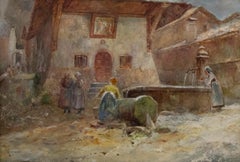 Oscar Ricciardi (1864-1935) -Watercolour, Fountain in the Village Square 9