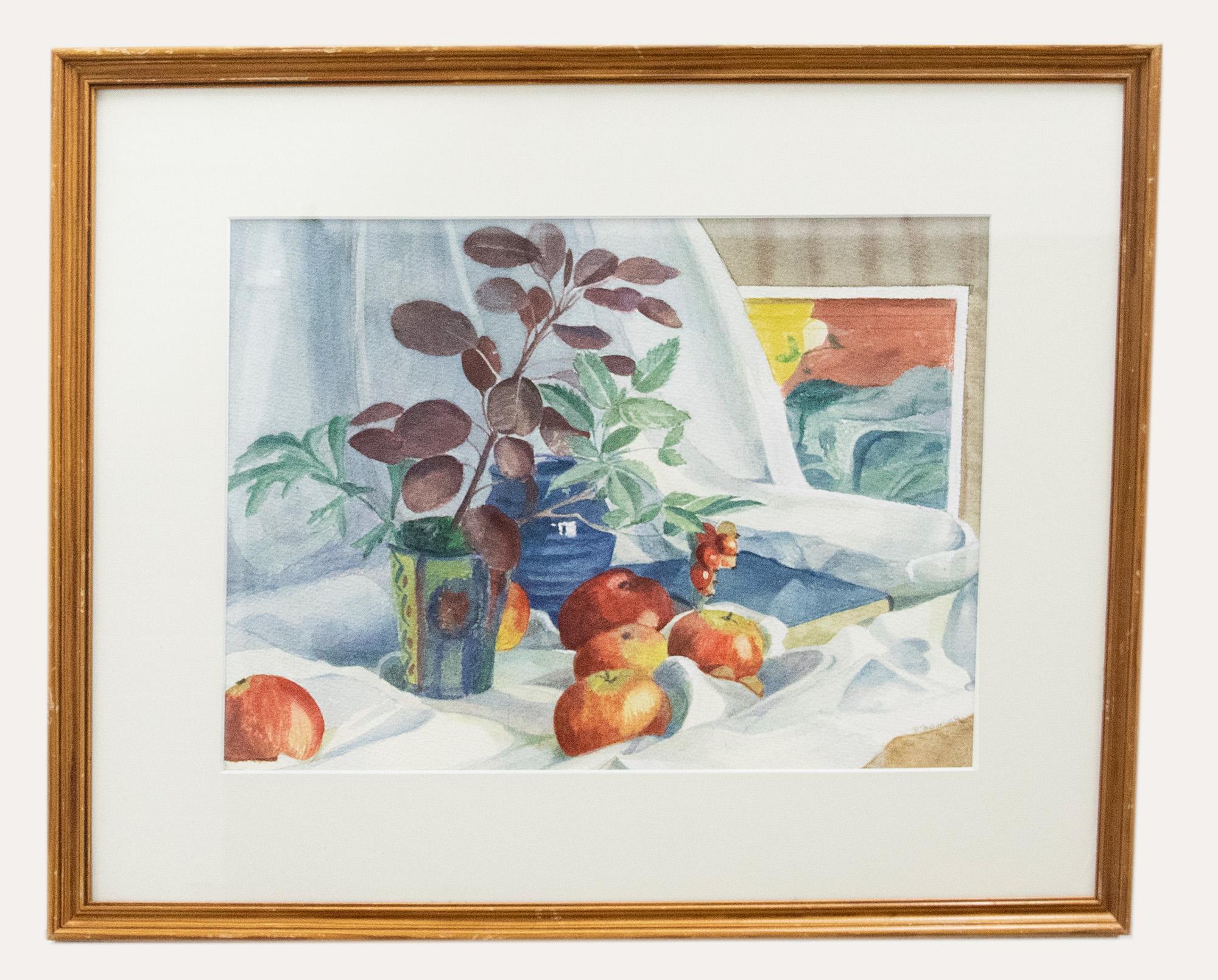 Unknown Still-Life - P. Bowser - 20th Century Watercolour, Apples and Potted Plants