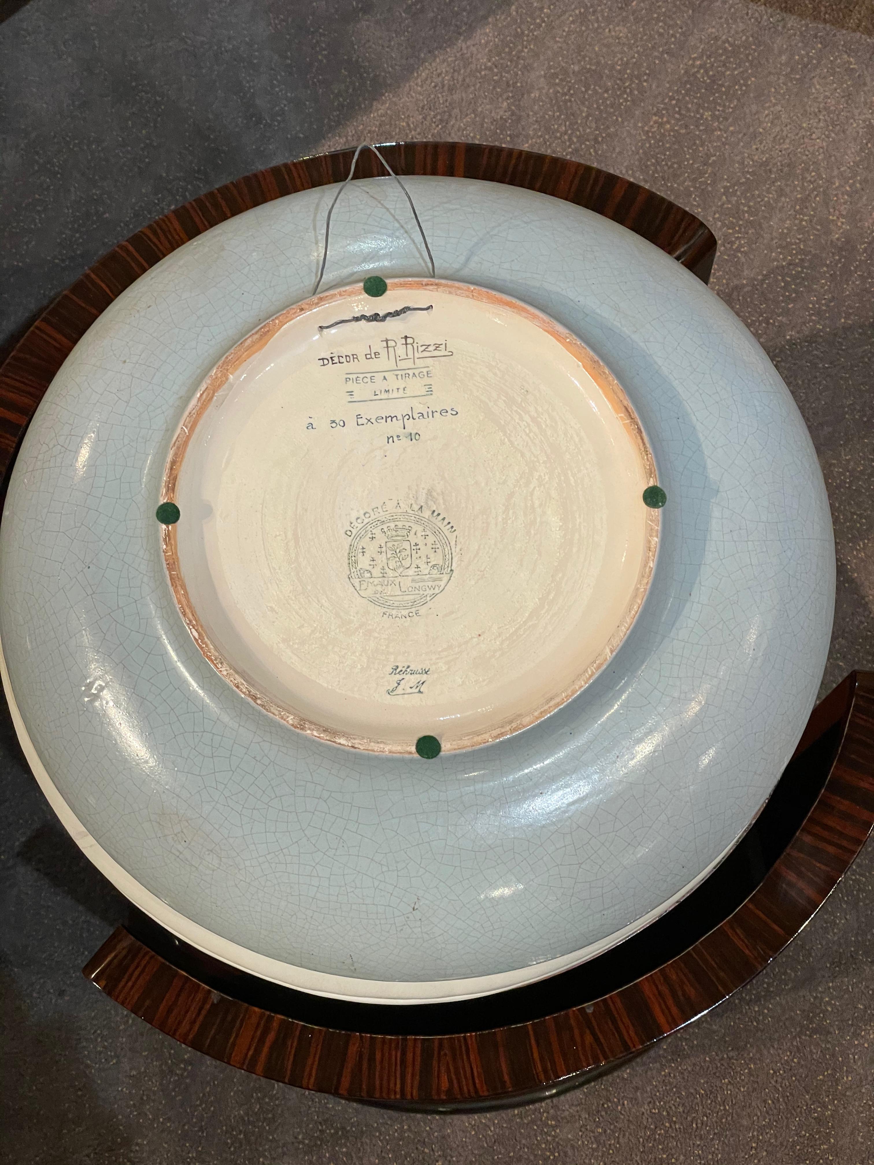 Longwy Ceramic Cloisonné Charger Artist Signed French Art Deco en vente 9