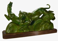 Art Deco French Bronze Sculpture of Panther and Gazelle by Ouline