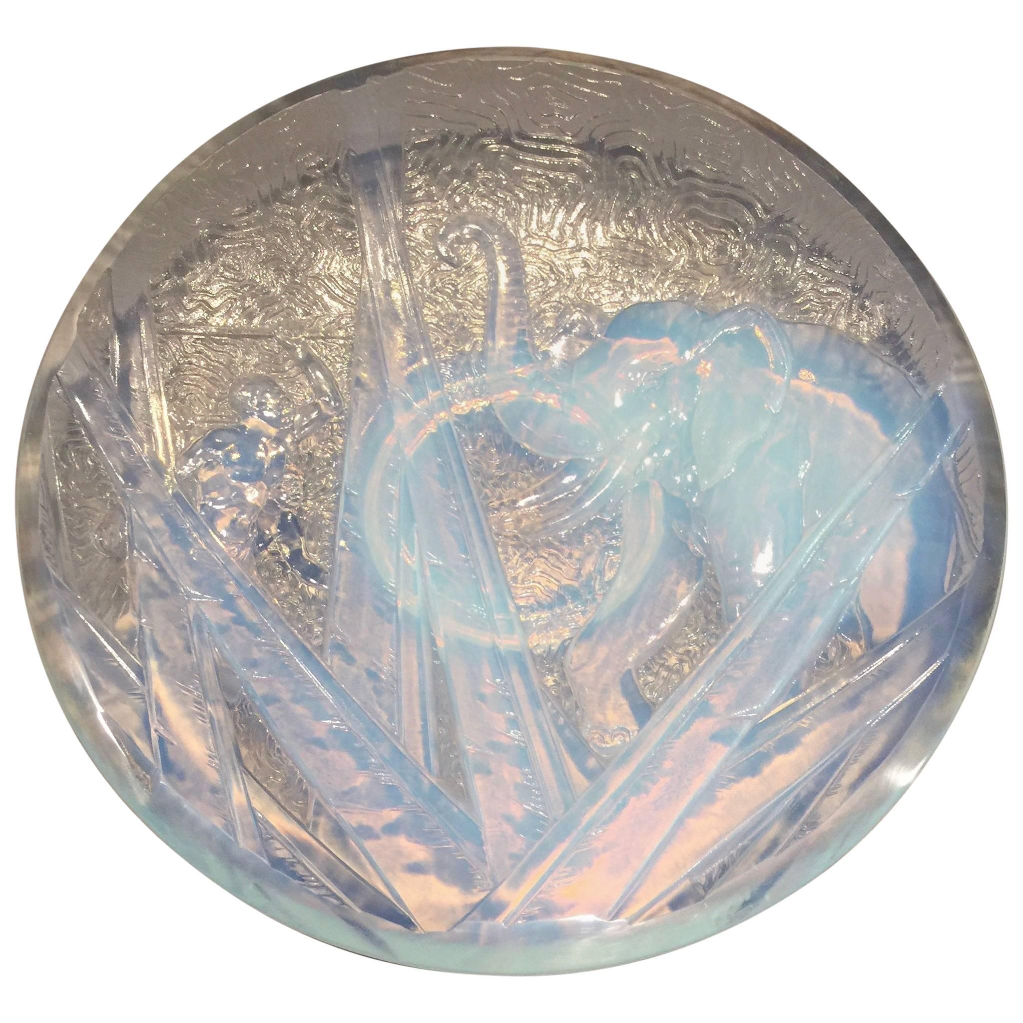 Muller Freres Luneville Hunters and Elephant Opalescent Glass Plate - Art by Unknown