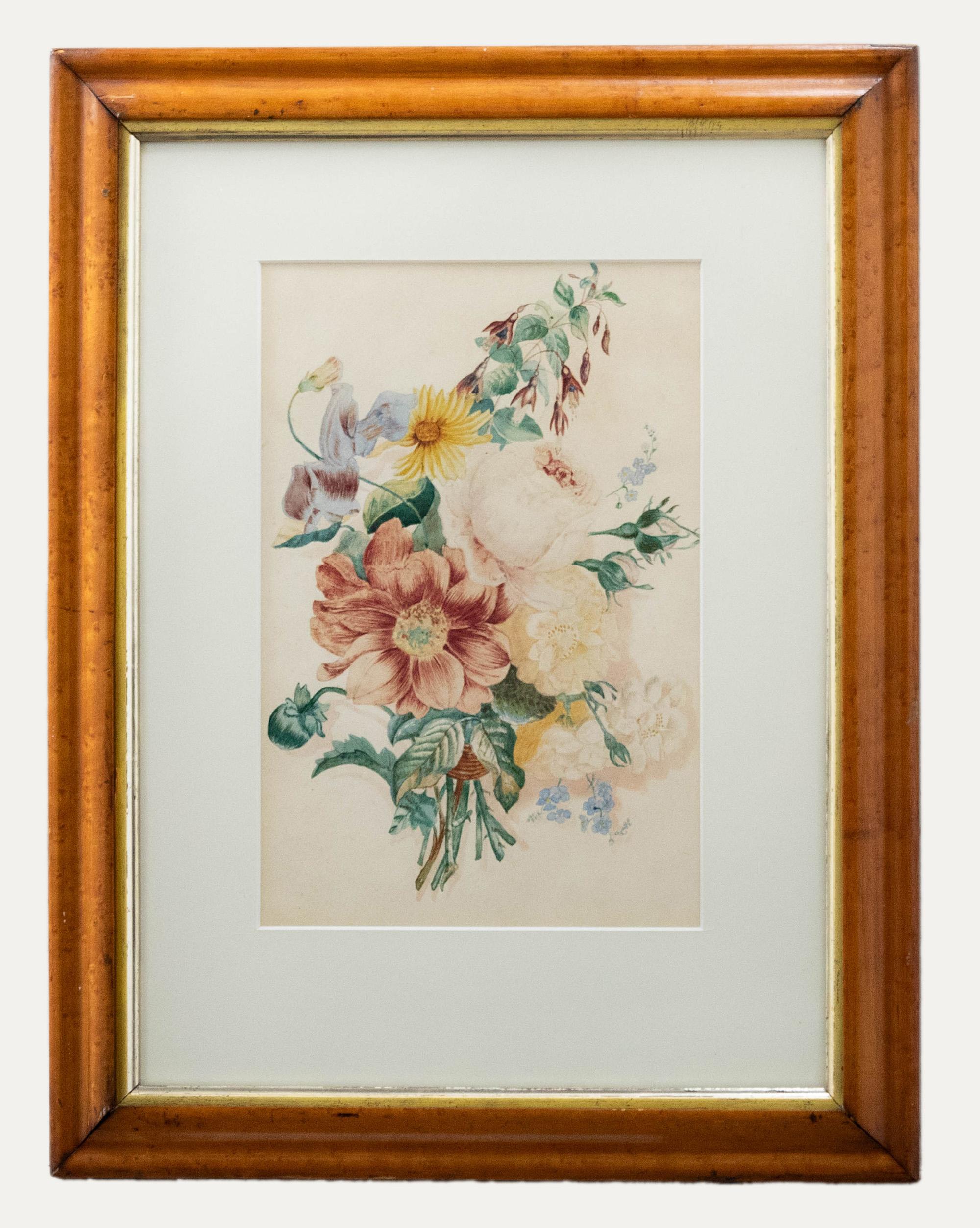 Still-Life Unknown - Aquarelle encadrée du 19ème siècle - Une rosace florale