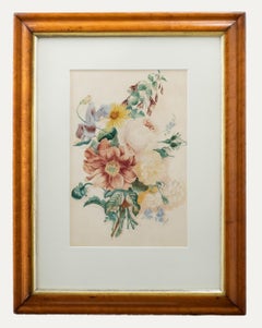 Aquarelle encadrée du 19ème siècle - Une rosace florale