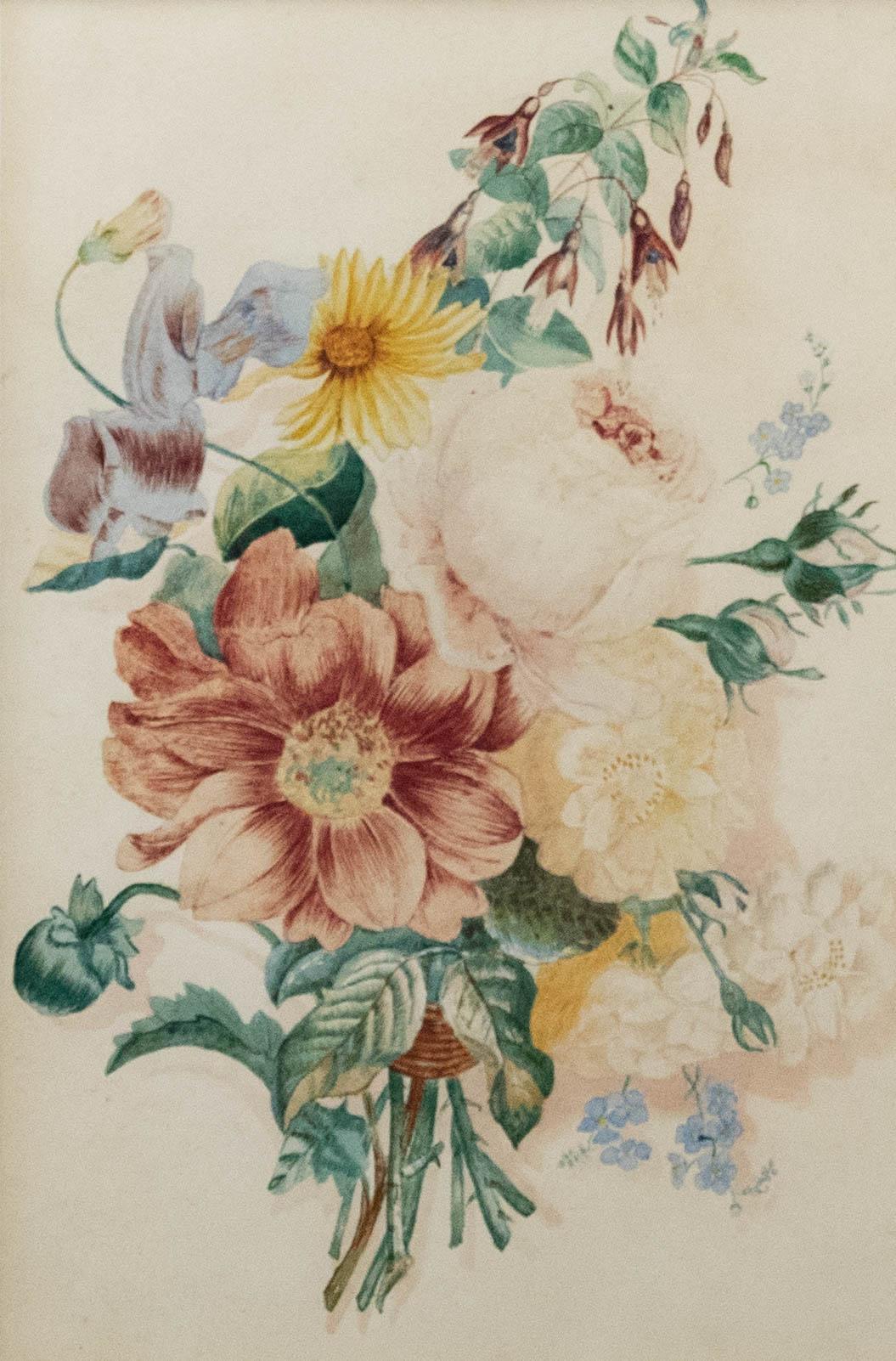 Aquarelle encadrée du 19ème siècle - Une rosace florale - Art de Unknown