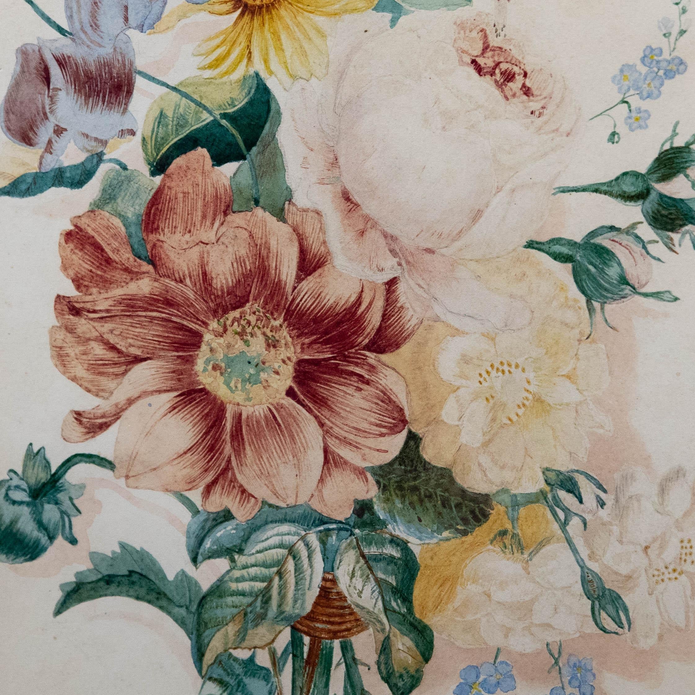Aquarelle encadrée du 19ème siècle - Une rosace florale en vente 1