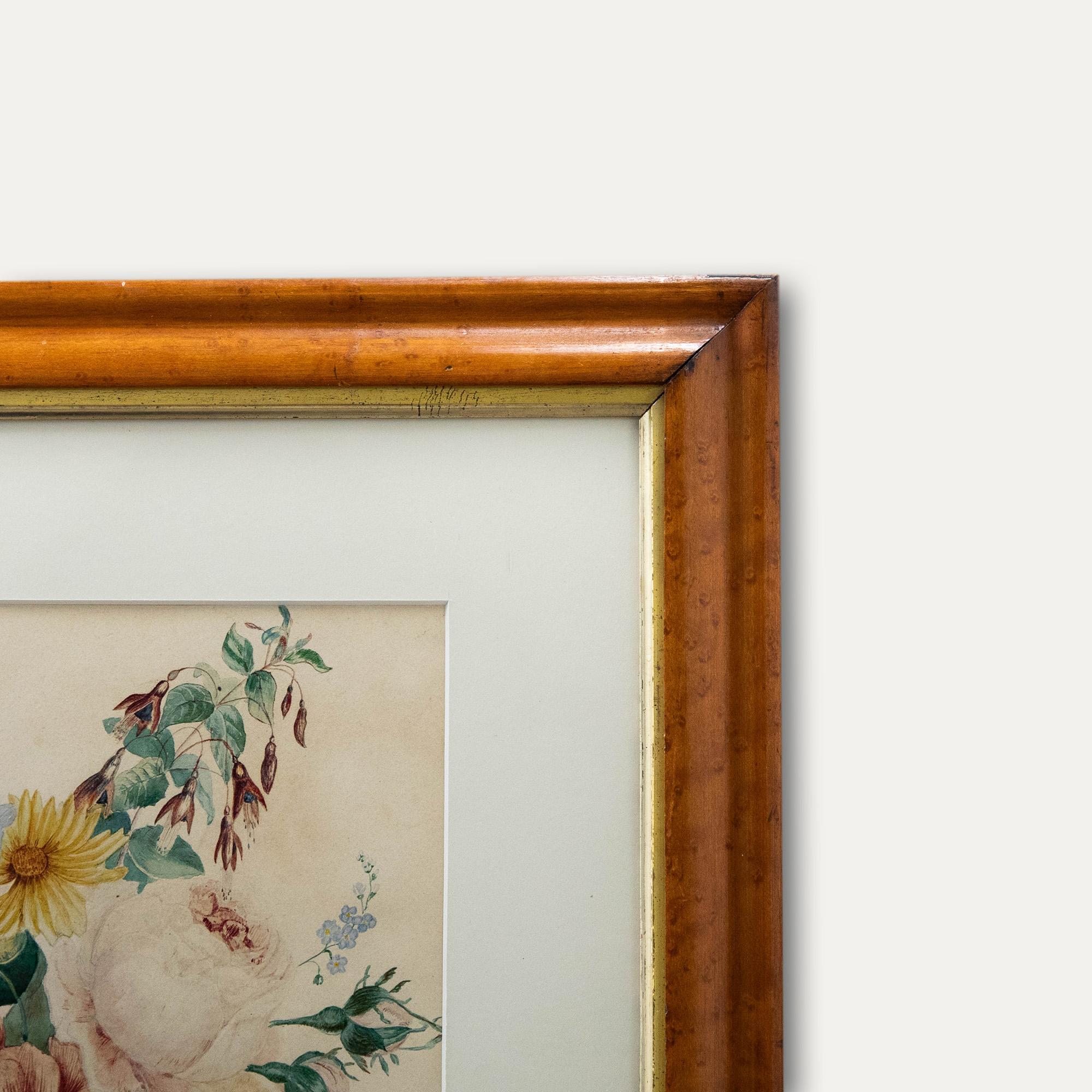 Aquarelle encadrée du 19ème siècle - Une rosace florale en vente 2