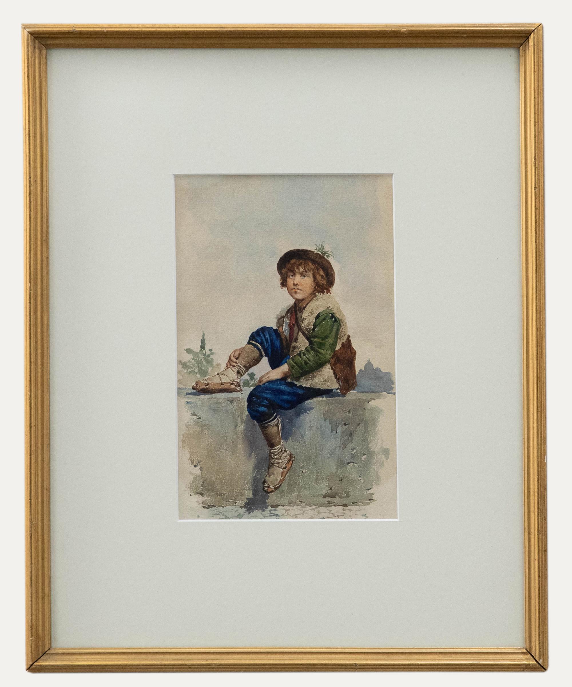 Unknown Portrait – Follower of Adriano Bonifazi - Aquarell des frühen 20. Jahrhunderts, Ein italienischer Junge