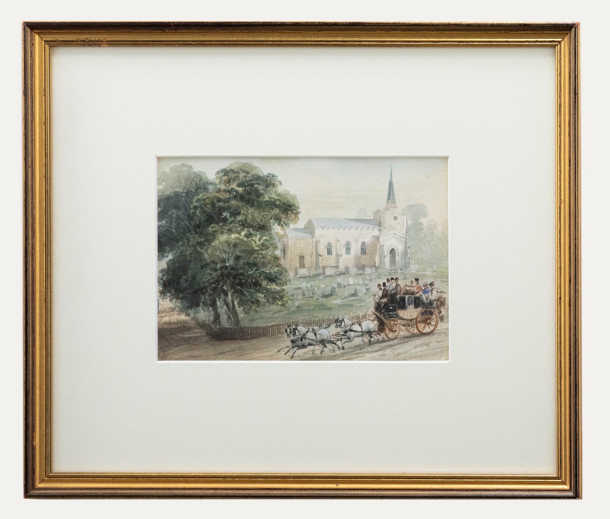 Unknown Landscape Art – Gerahmtes Aquarell aus dem 19. Jahrhundert - Coach & Horses by a Church's