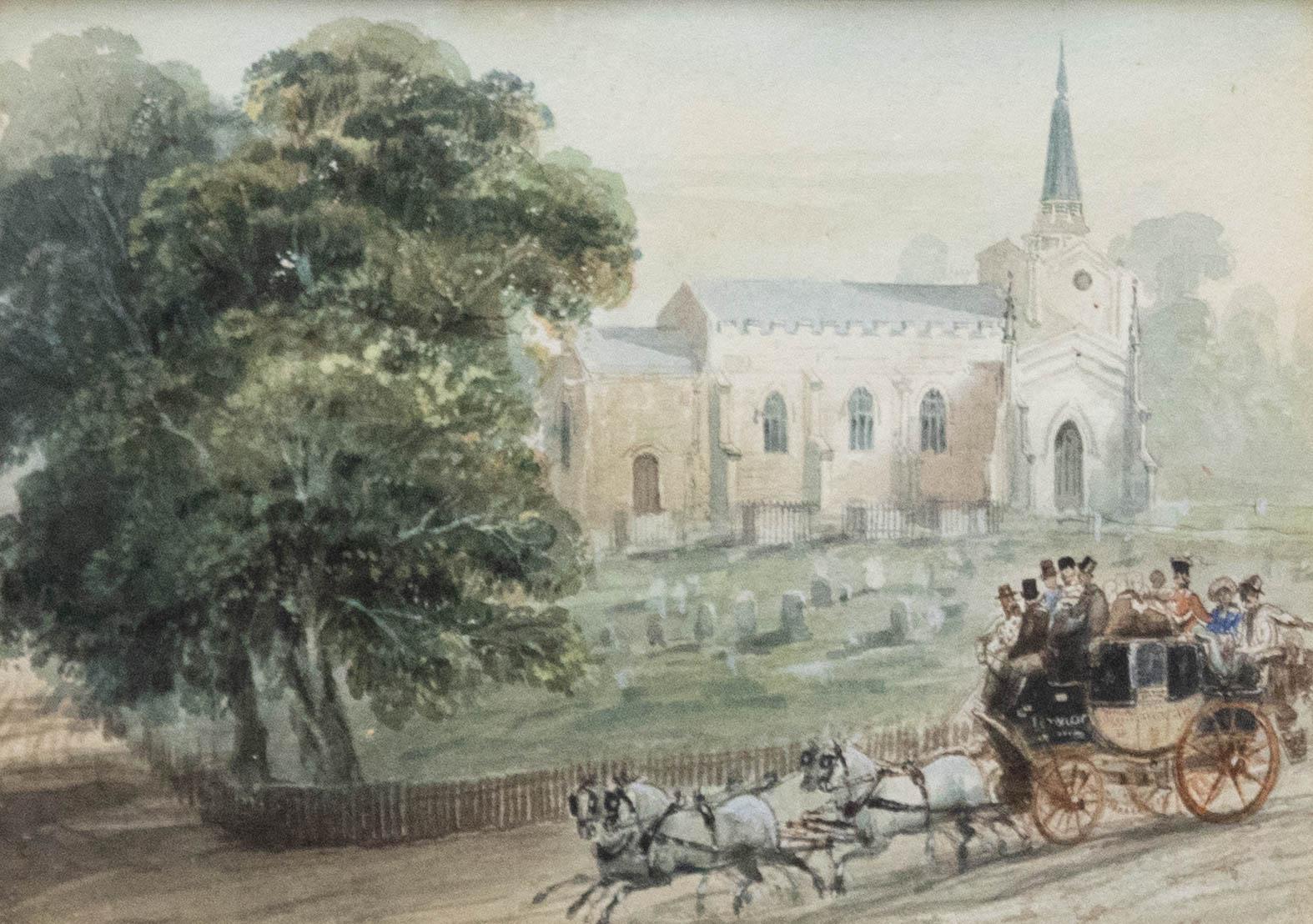 Gerahmtes Aquarell aus dem 19. Jahrhundert - Coach & Horses by a Church's – Art von Unknown